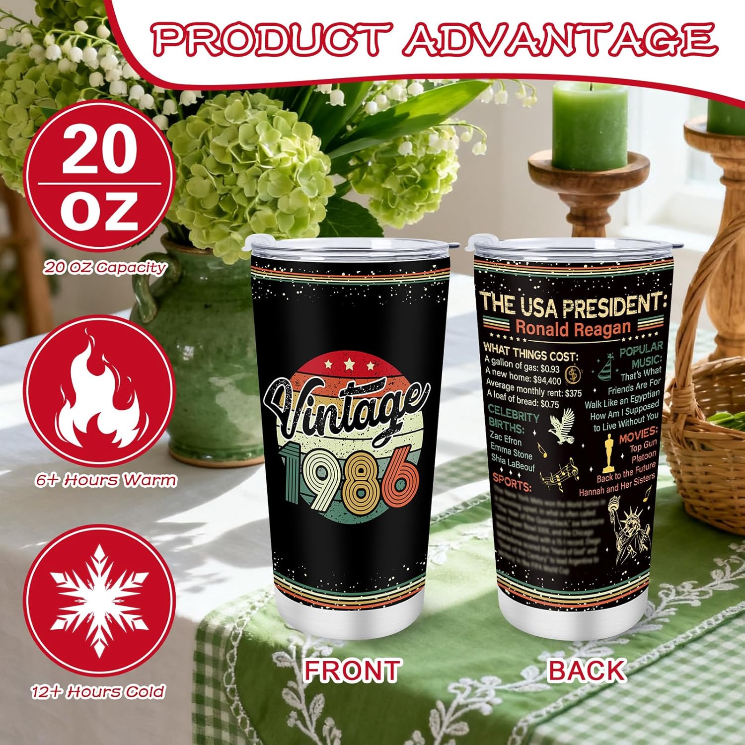 40th Birthday Gifts for Men Women 40 Year Old Gifts Idea for Him Her, 20oz Vintage 1986 Tumbler with Lid Straw, Turning 40th Happy Birthday Presents for Husband Wife Dad Mom Boss Coworker - Image 3