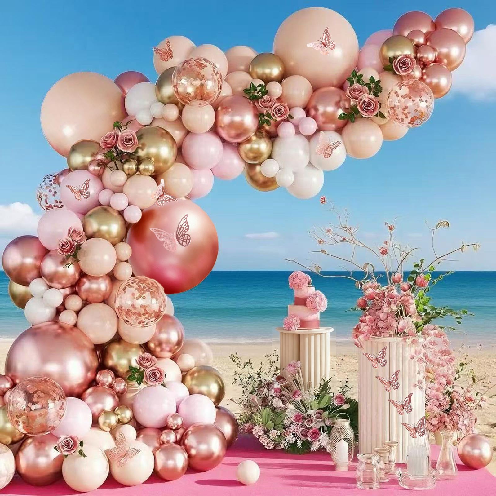 View 1 of 144Pcs Rose Gold Balloons Garland Arch Kit, Metallic Rose Gold Pearl White Confetti Balloons with 3D Butterfly Stickers for Birthday Wedding Baby Bridal Shower Party Engagement Decorations