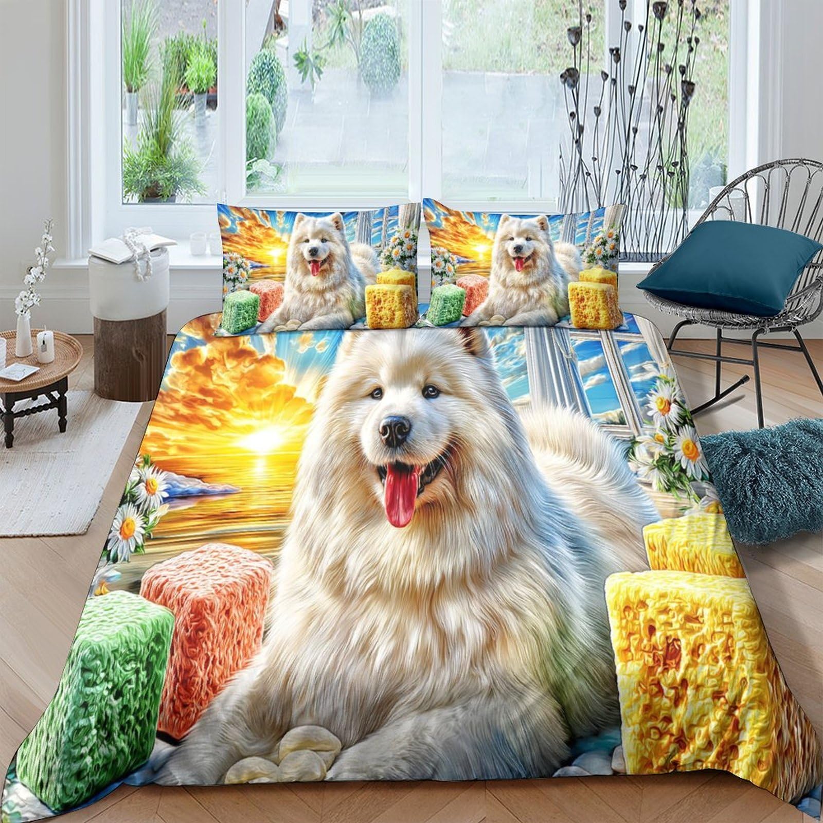 Housse de couette Samoyède souriant pour créer une ambiance de chambre cocooning et relaxante