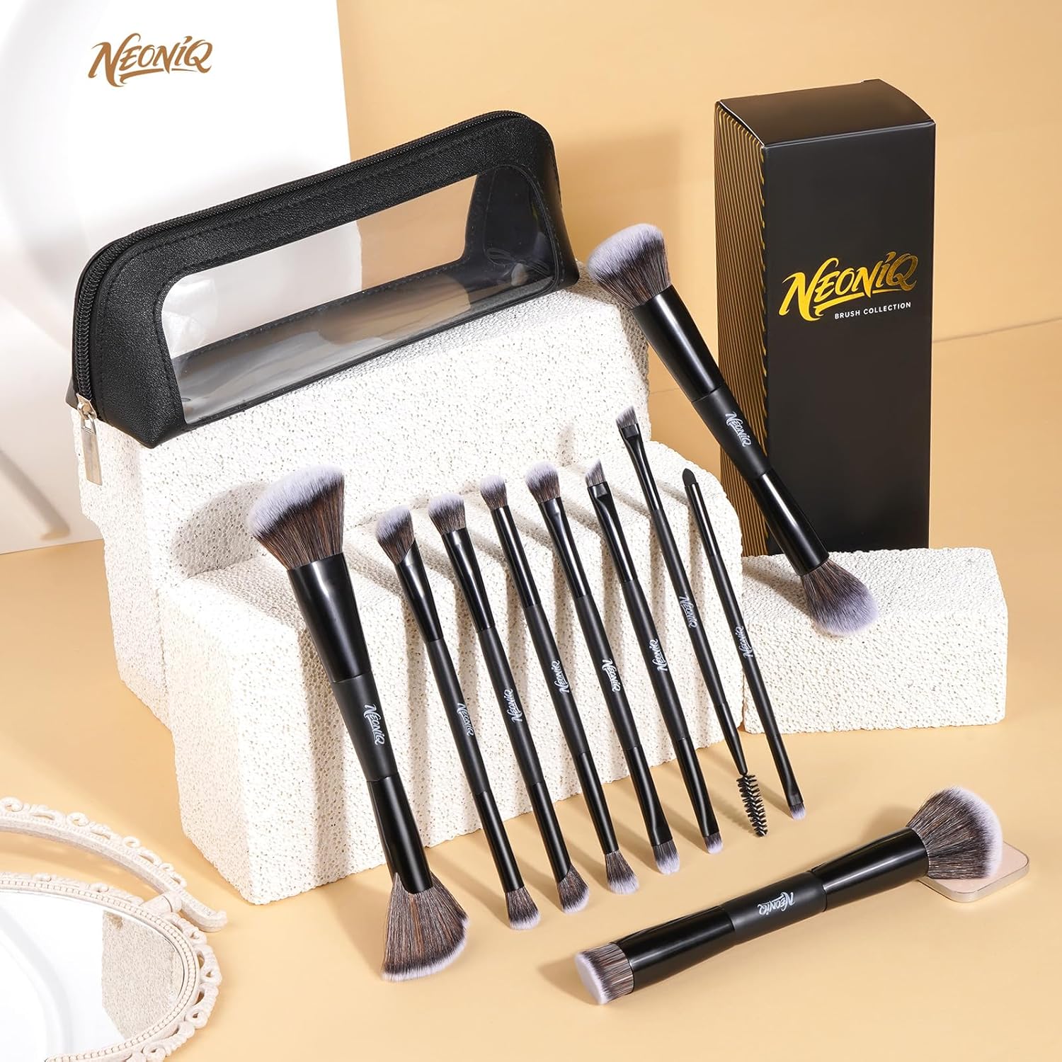 NEONIQ 10 PCS Foundation Contour Conceal Brush Set With Bag, Makeup Brushes, Double-End Multi-functional Brushes for Foundation Powder Blush Eyeliner Eyeshadows, Professional Face Brush Set(Black) - Image 2