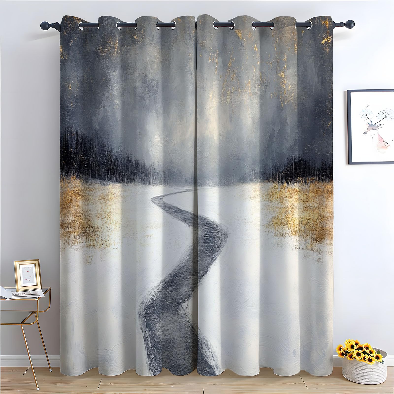 WQBQKKX Plant Pattern Curtains Black Eyelet Curtain for Living Room Nursary Thermal Insulated Window-52 W x 90" L (Pack of 2)