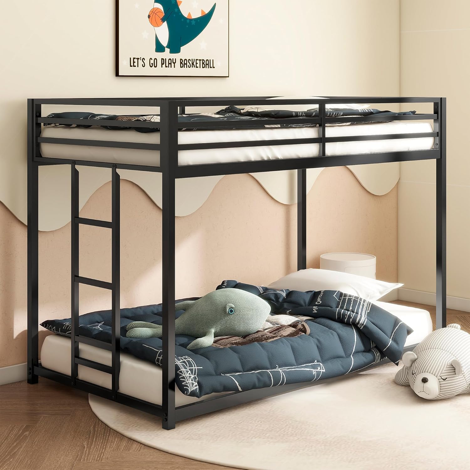 Twin Over Twin Bunk Bed Frame, Heavy Duty Metal Bunk Bed with Ladder and Guardrails, Noise Reduced, Low Profile, Easy to Assemble, No Box Spring Needed Twin Beds Frame for Adults,Black