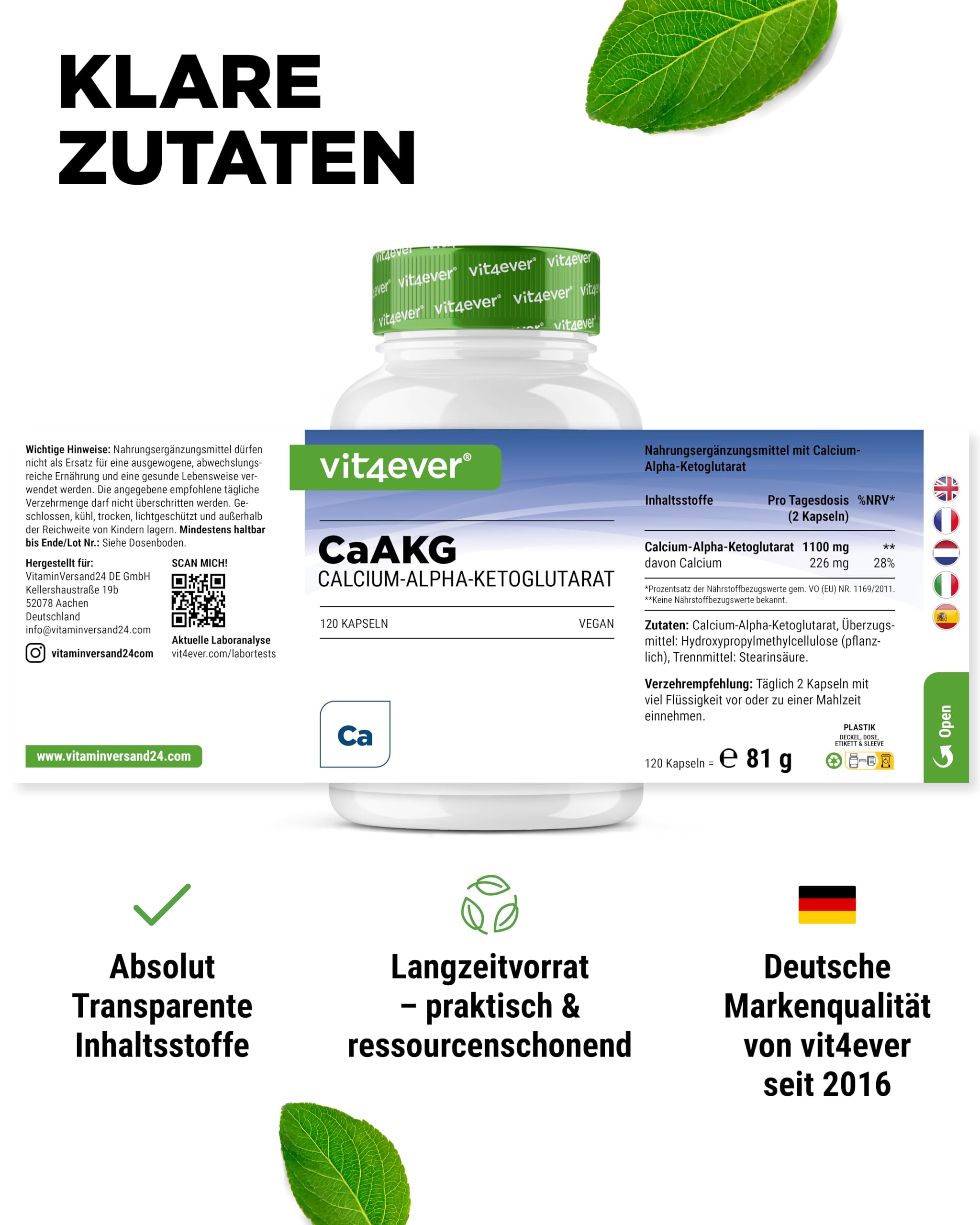 vit4ever CaAKG - 120 Kapseln - 1100 mg - hochdosiert - 1100 mg Tagesdosis | Reines Calcium-Alpha-Ketoglutarat, 60 Tage Vorrat, ohne unnötige Zusätze, vegan