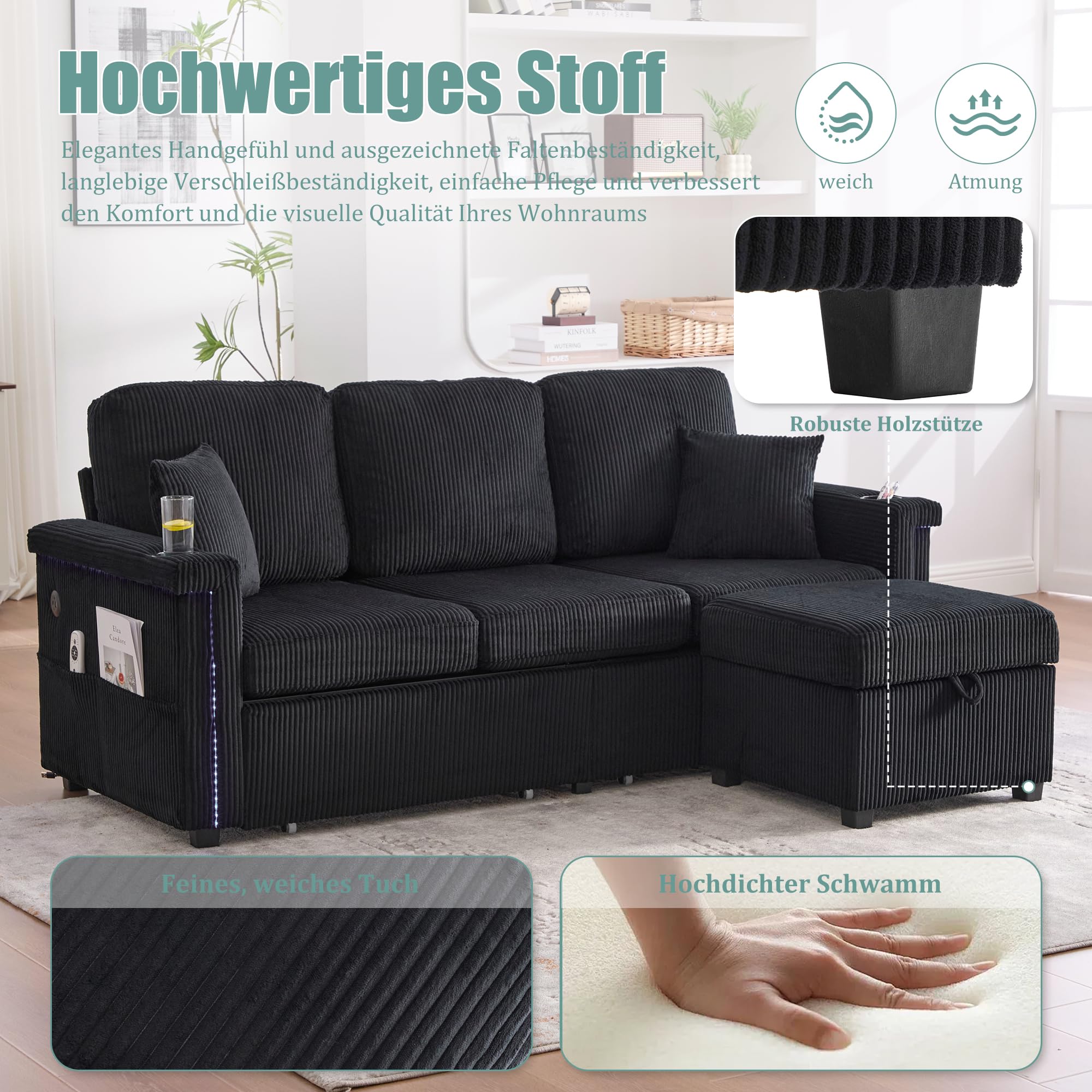 Modulares Ecksofa aus Cordstoff, Sofa mit Schlaffunktion, Couch mit LED-Beleuchtung & USB-C-Port, inklusive Stauraum-Fußteil, praktischen Getränkehaltern und Seitentaschen, Schwarz