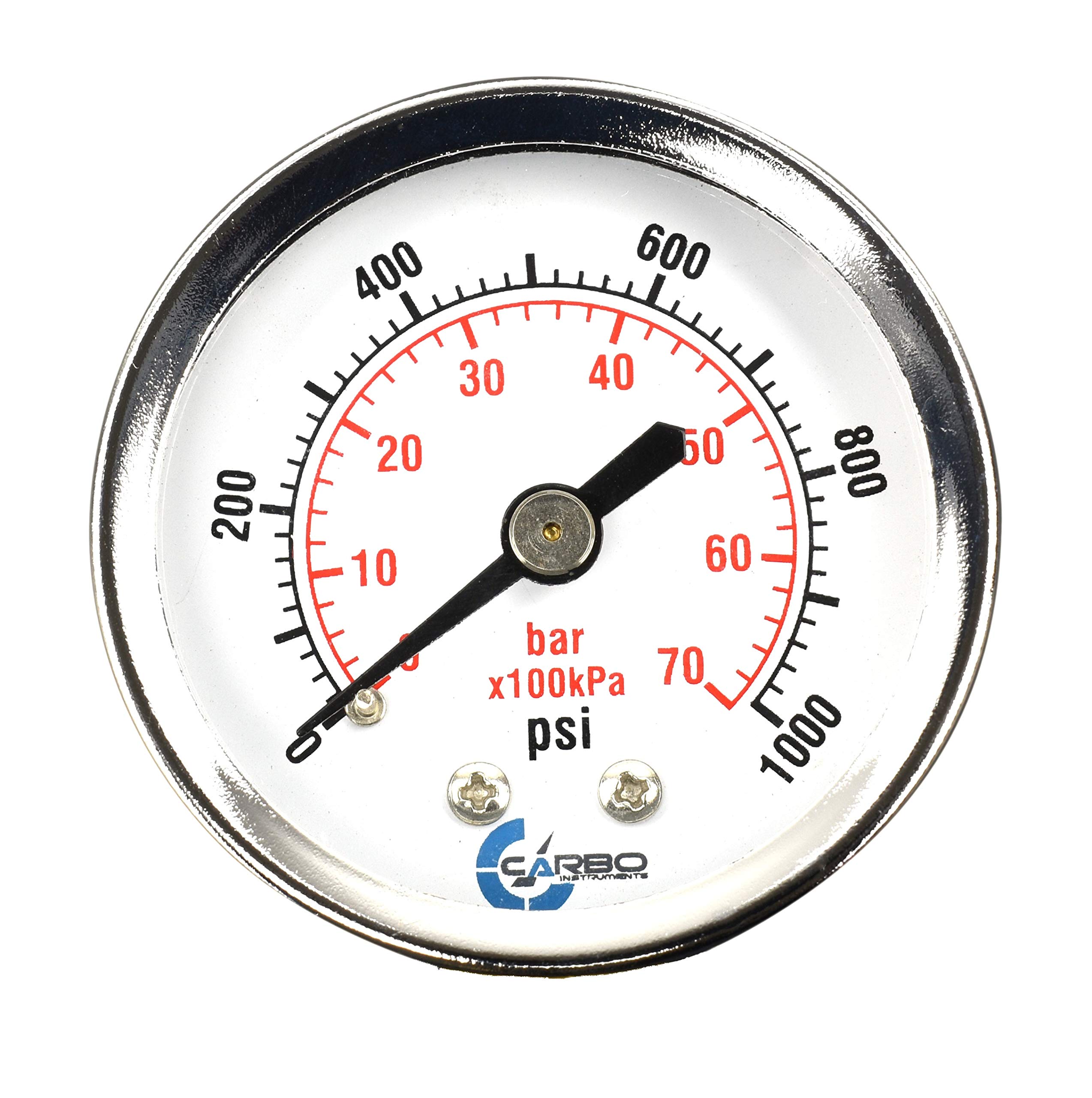 CARBO INSTRUMENTS2" Pressure Gauge, Chrome Plated Steel Case, Dry, 0-1000 psi/kPa, Back Mount 1/4" NPT