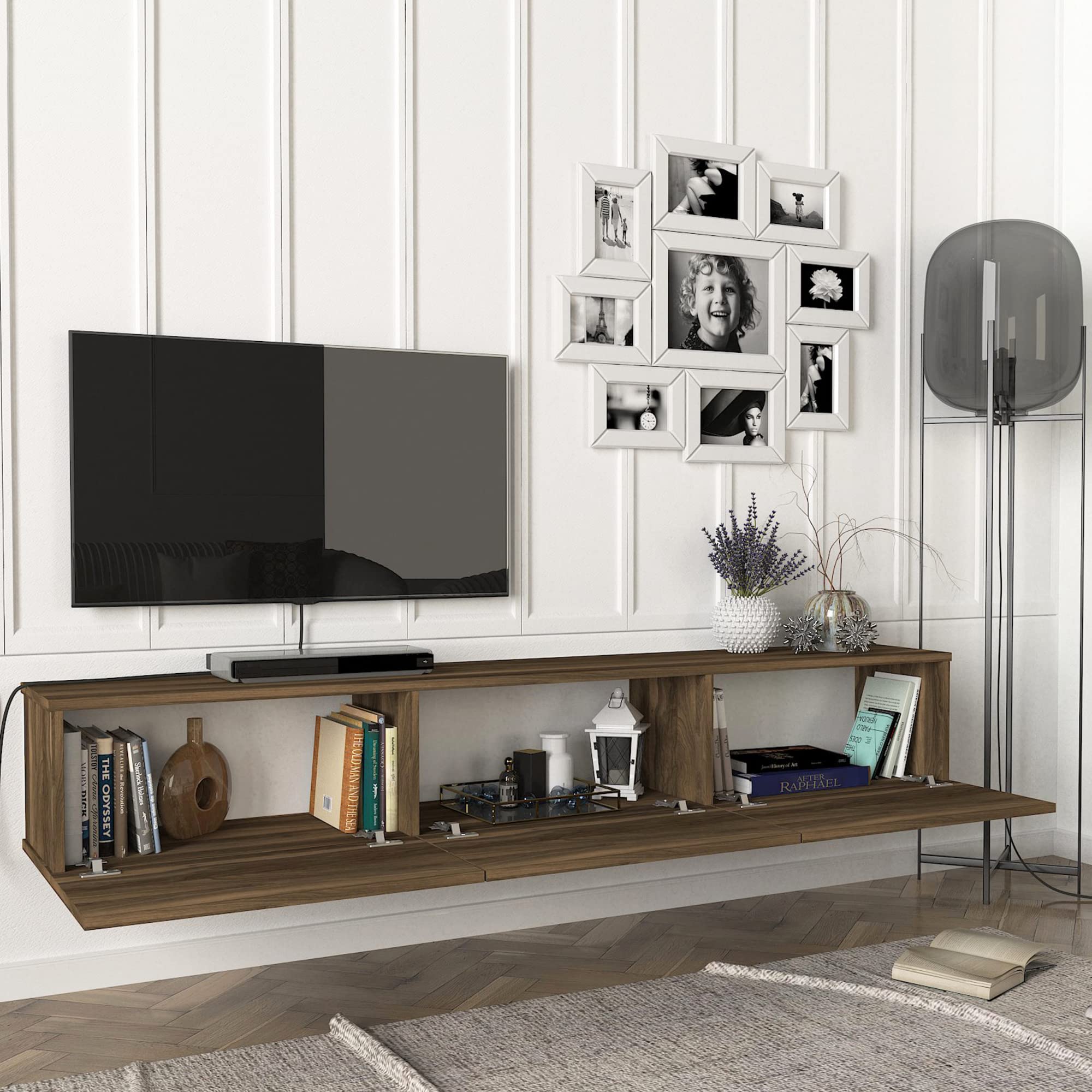 [en.casa] Meuble TV Mural Support Télé Suspendu avec Étagères Fermées Espace de Rangement Flottante pour Salon Banc Télévision Panneau de Particules 180 x 31 x 29,5 cm Effet Noyer