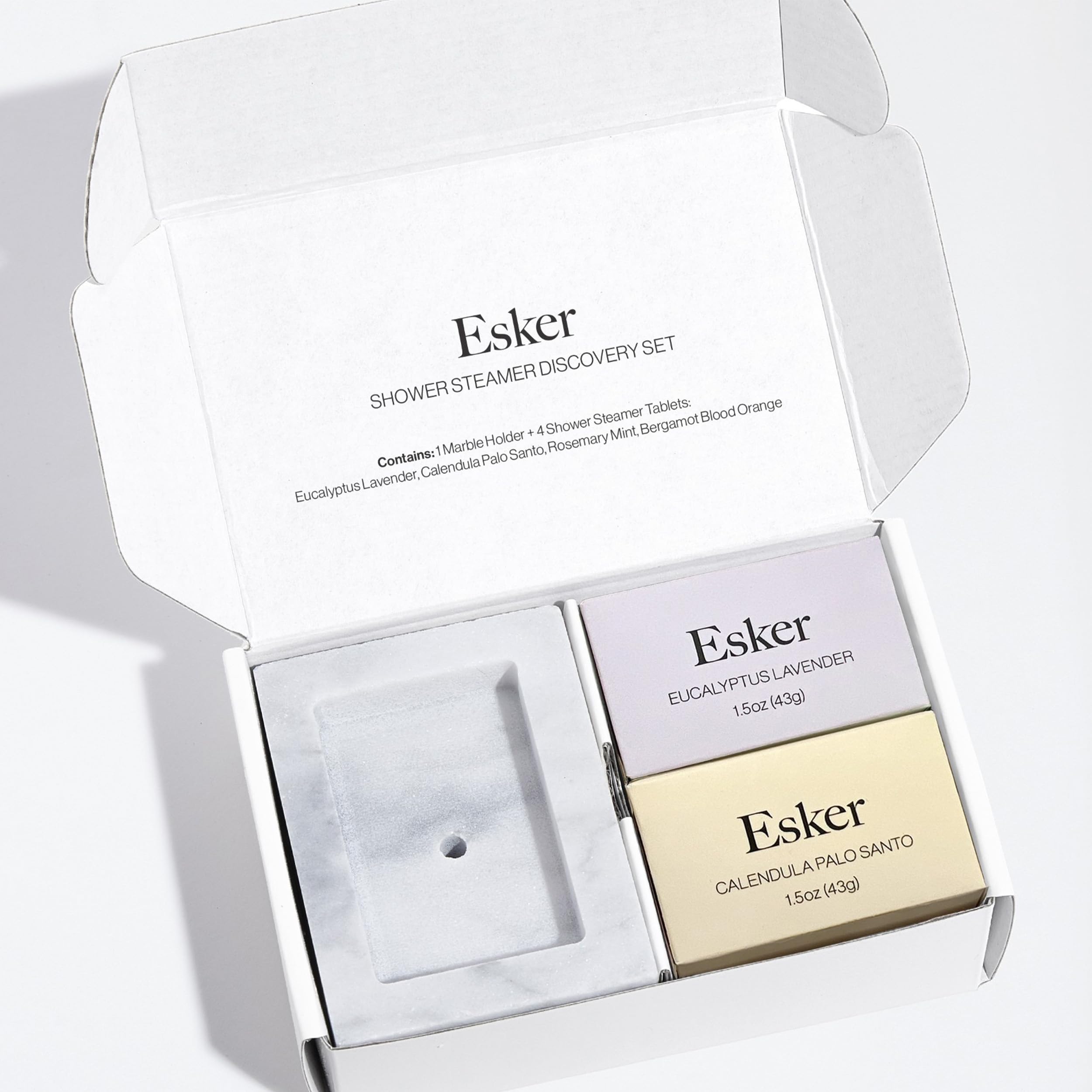 ESKER - Aromatic Shower Steamer Set | Vegan, Cruelty-Free, Clean Beauty (Calendula Palo Santo + Eucalyptus Lavender + Rosemary Mint + Bergamot Blood Orange Steamers with Marble Holder)
