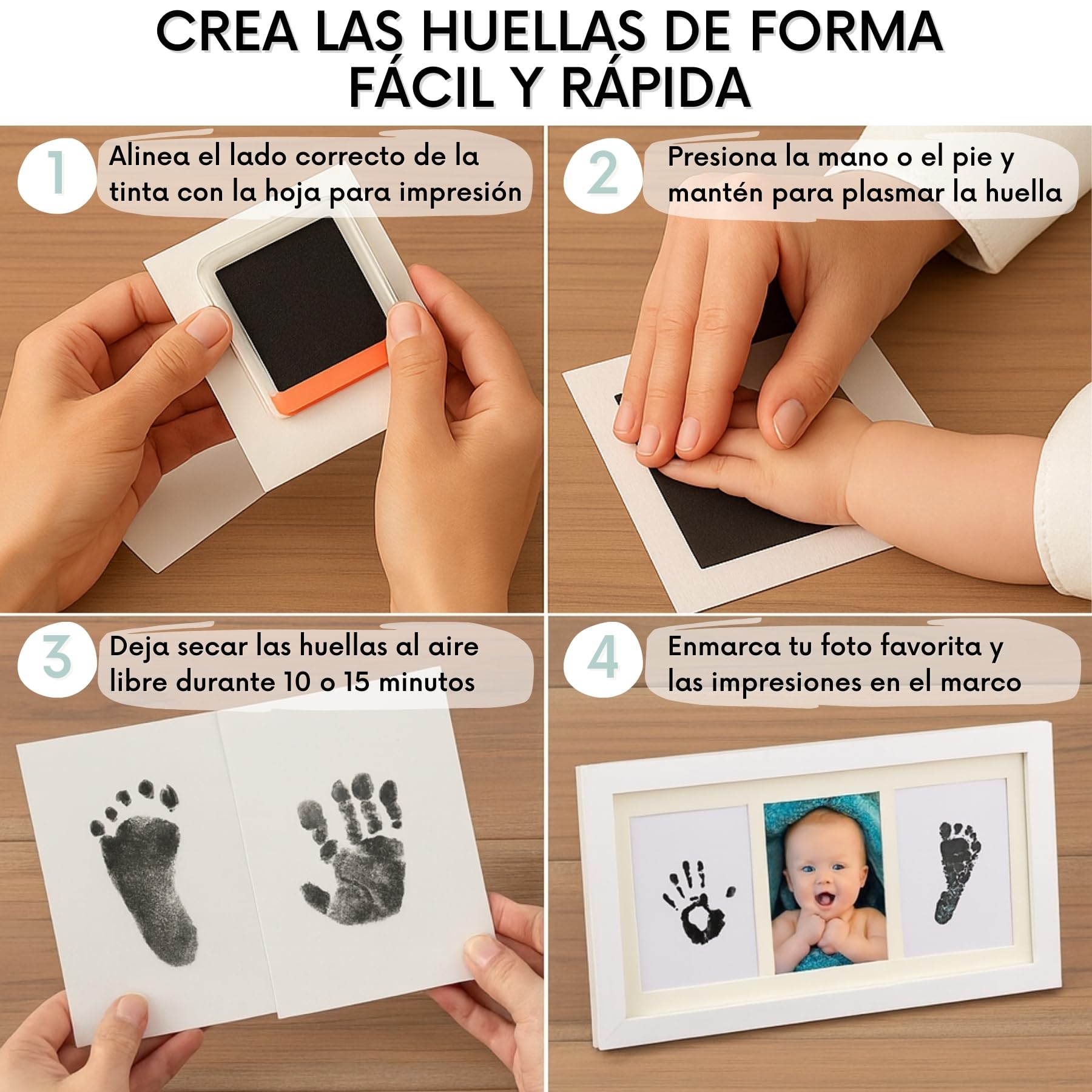 HuBorns – Marco huellas bebé recién nacido con tinta, kit completo para huella pie y mano, cuadro recuerdo original, regalo bebé niño o niña y decoración habitación infantil - 5
