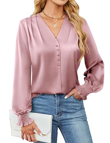 Women's Blouses Dressy Casual Satin Silk Long Sleeve Shirts Business