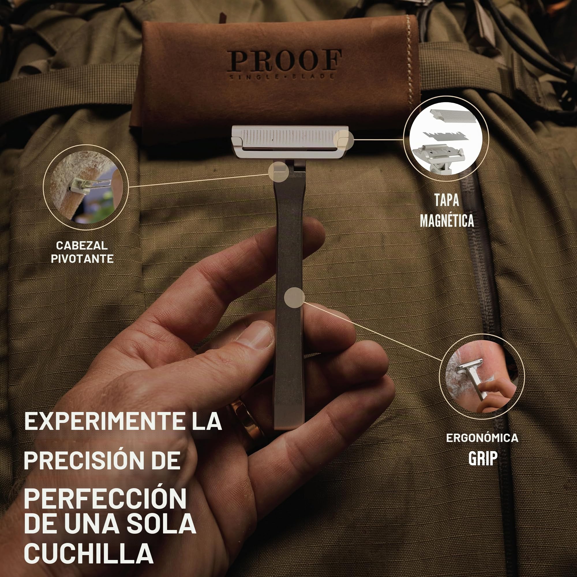 PROOF Select - Maquinilla de afeitar giratoria, fabricada en USA, aluminio CNC, fácil reemplazo, incluye funda de viaje