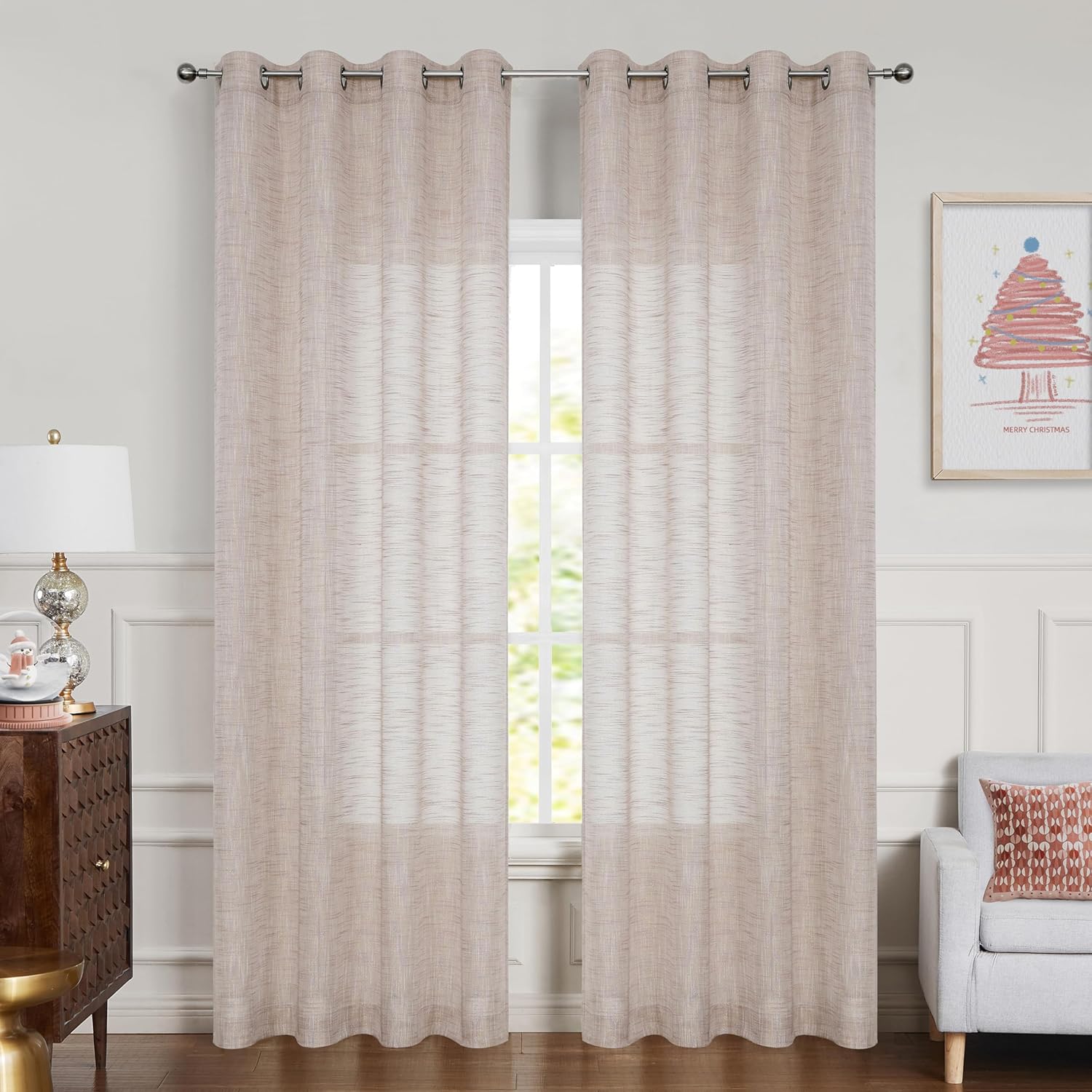 Coral Metallic Sparkling Sheer Curtain Decorative Window Treatment Linen Textured for Living Room and Bedroom Christmas Drapes with Grommets Bliss Rustic Farmhouse Curtains, 50"x84"x2, Blush
