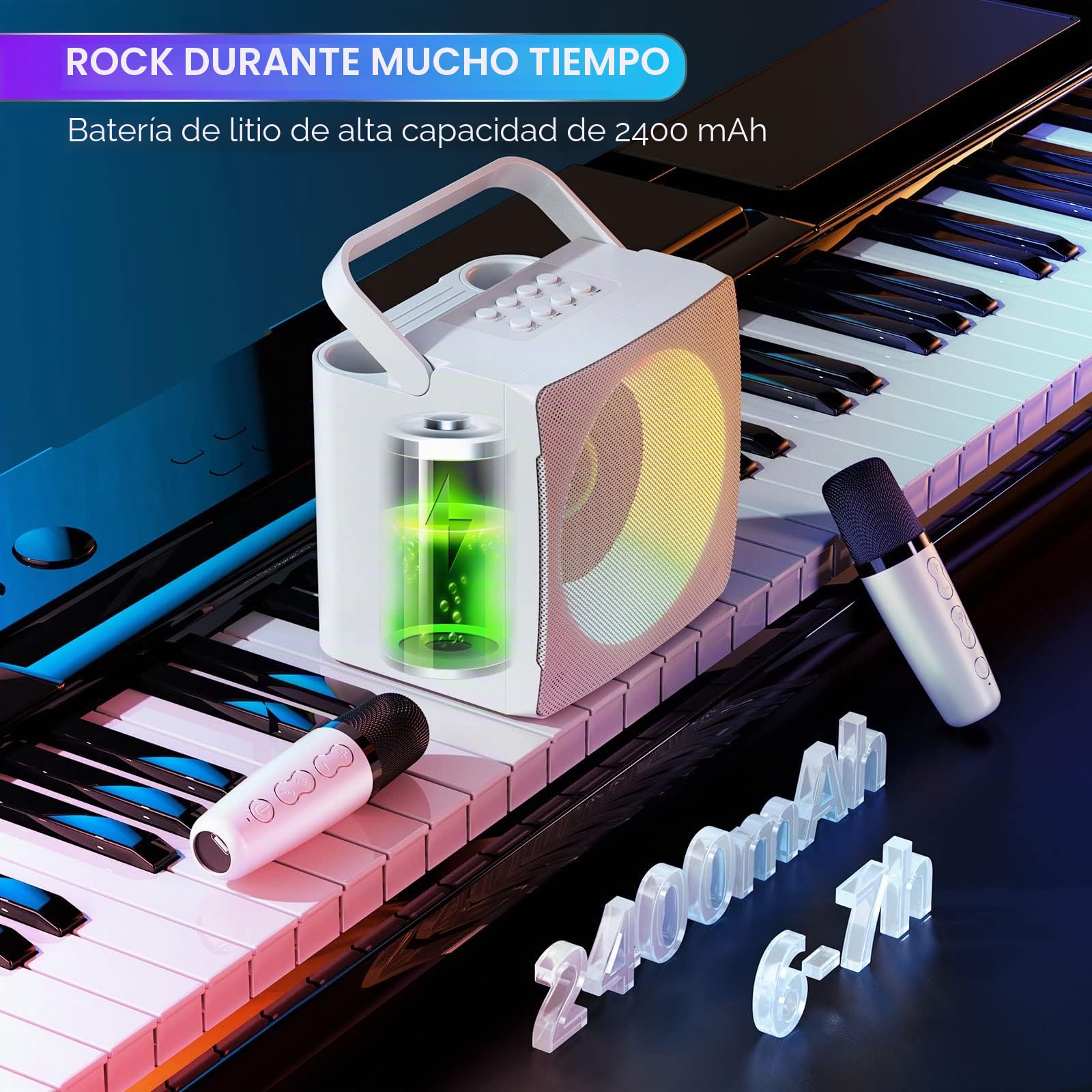 Karaoke Bluetooth con 2 Micrófonos Inalámbricos, Karaoke Profesional Completa con Luz LED, Altavoz de Karaoke con USB/Tarjeta TF/AUX, Sistema de Sonido Regalos para Fiestas y Canto (White)