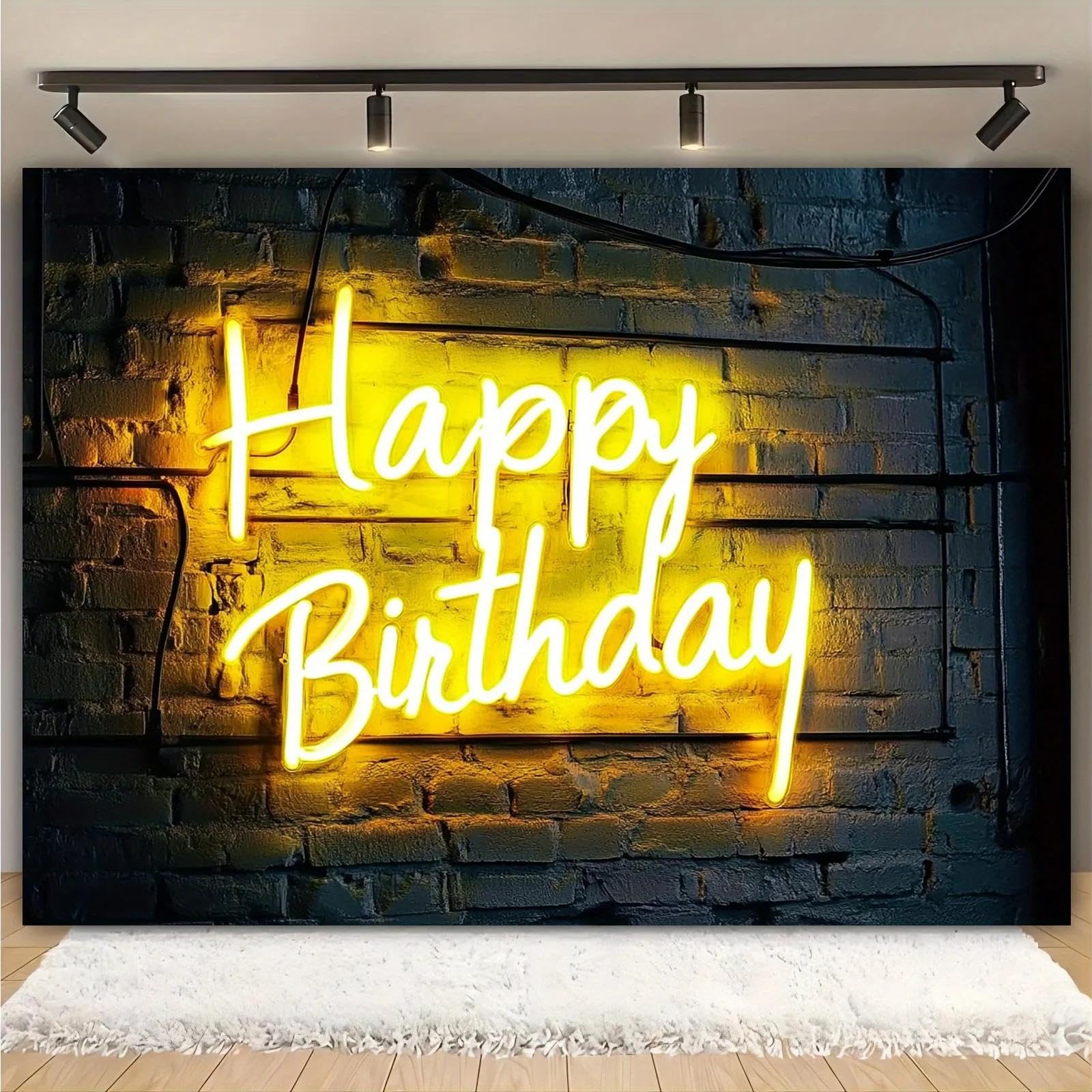 Neon Happy Birthday Party Tło Wszechstronne Zdjęcie Tło Ceglane Ściany Wzór Dekoracja Przyjęcie Urodzinowe