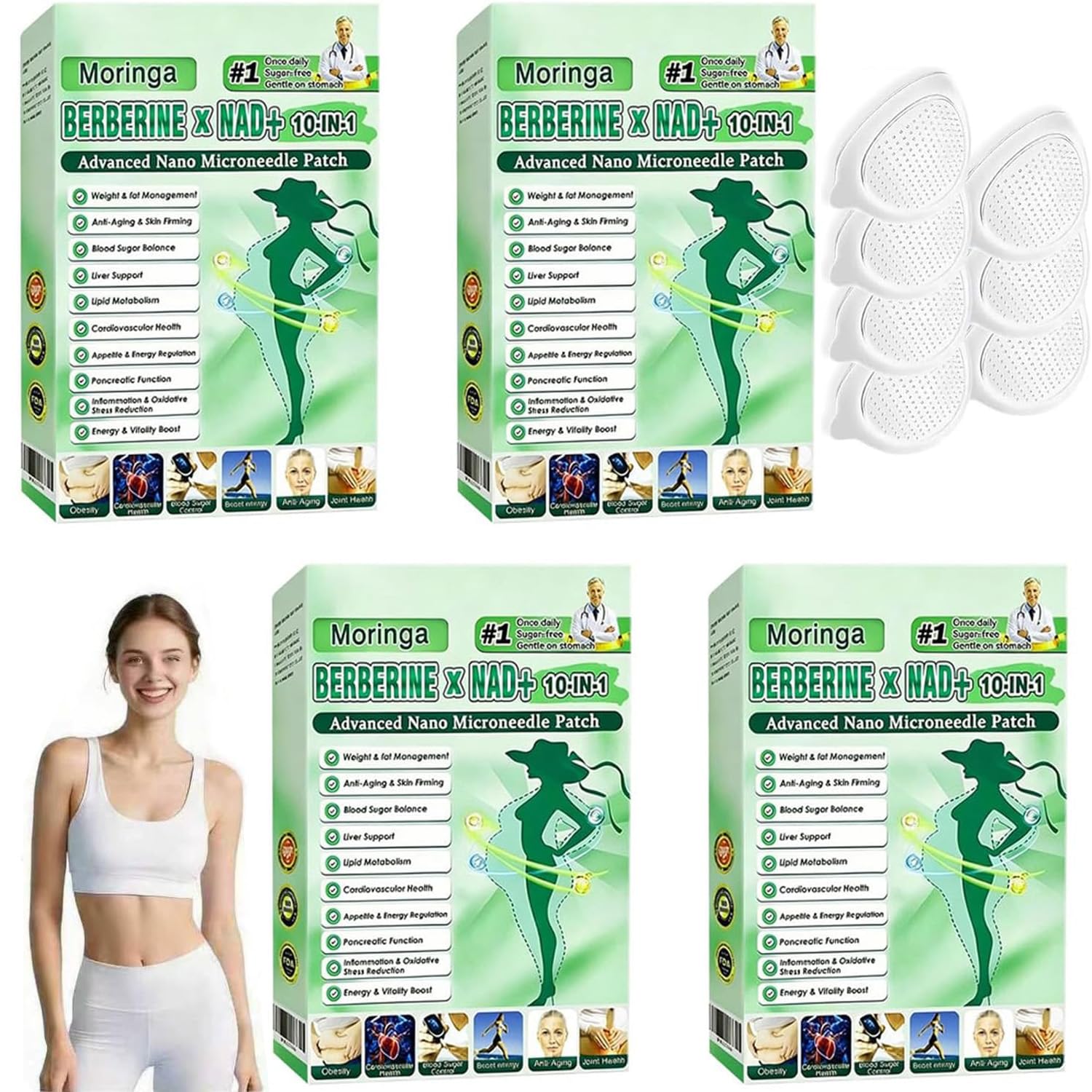 Moringa 10 en 1 Parches con Nano Microaguja y Berberina para Adelgazar, Parche Natural 2026, 4 Cajas