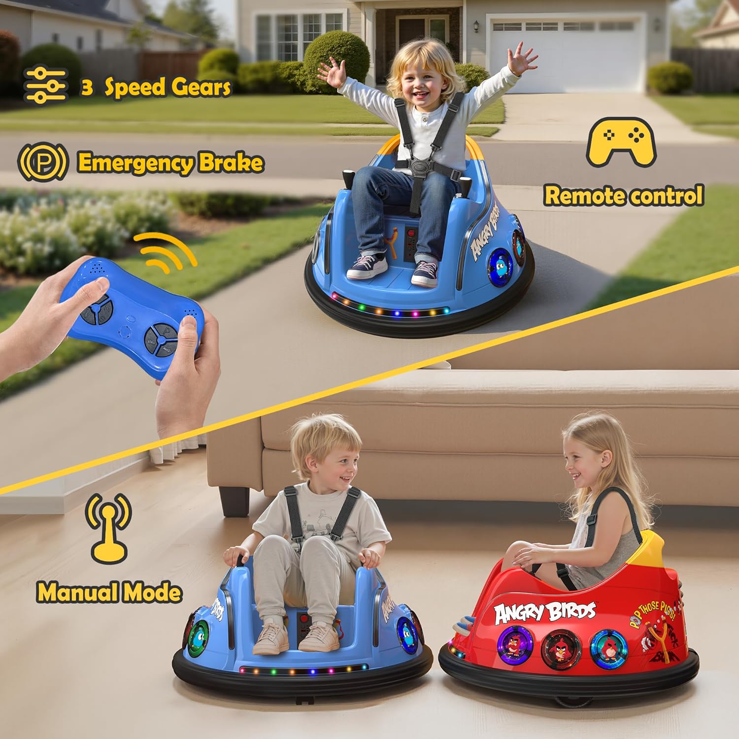 ANPABO 12V Toddler Bumper Car w/ 360° Spins, Remote Control, Rainbow Lights & Bluetooth, 5-Point Seat Belt, 3 Speeds, Bumper Car for Toddlers, Blue