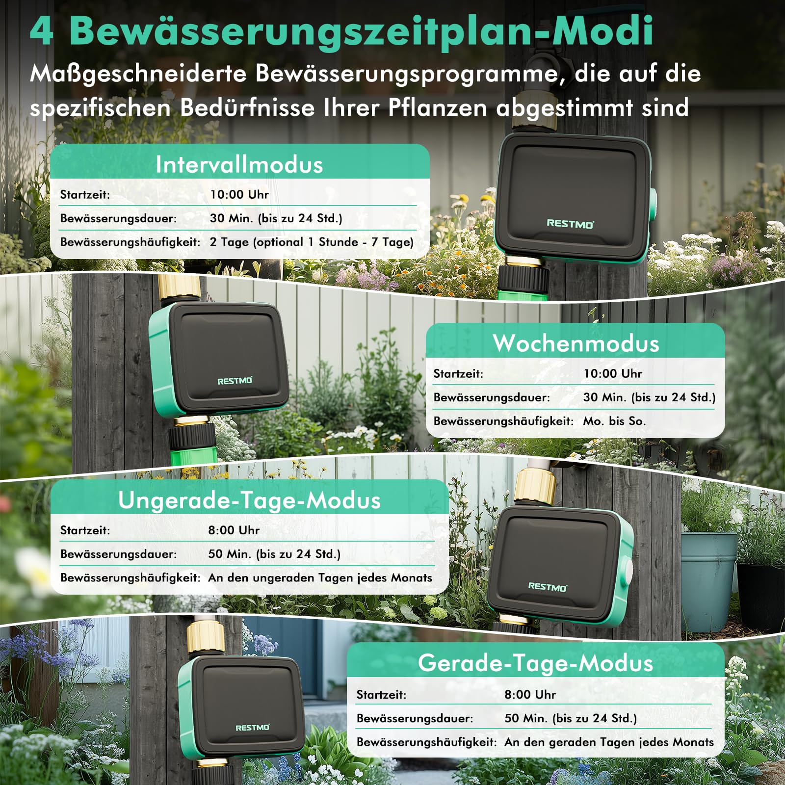 RESTMO Bewässerungscomputer 1 Ausgänge, Bluetooth Bewässerungstimer | App-Steuerung, 3 Modi (auto/manuell/Regenpause), bis zu 11:59 Std. Bewässerung, für Garten & Rasen