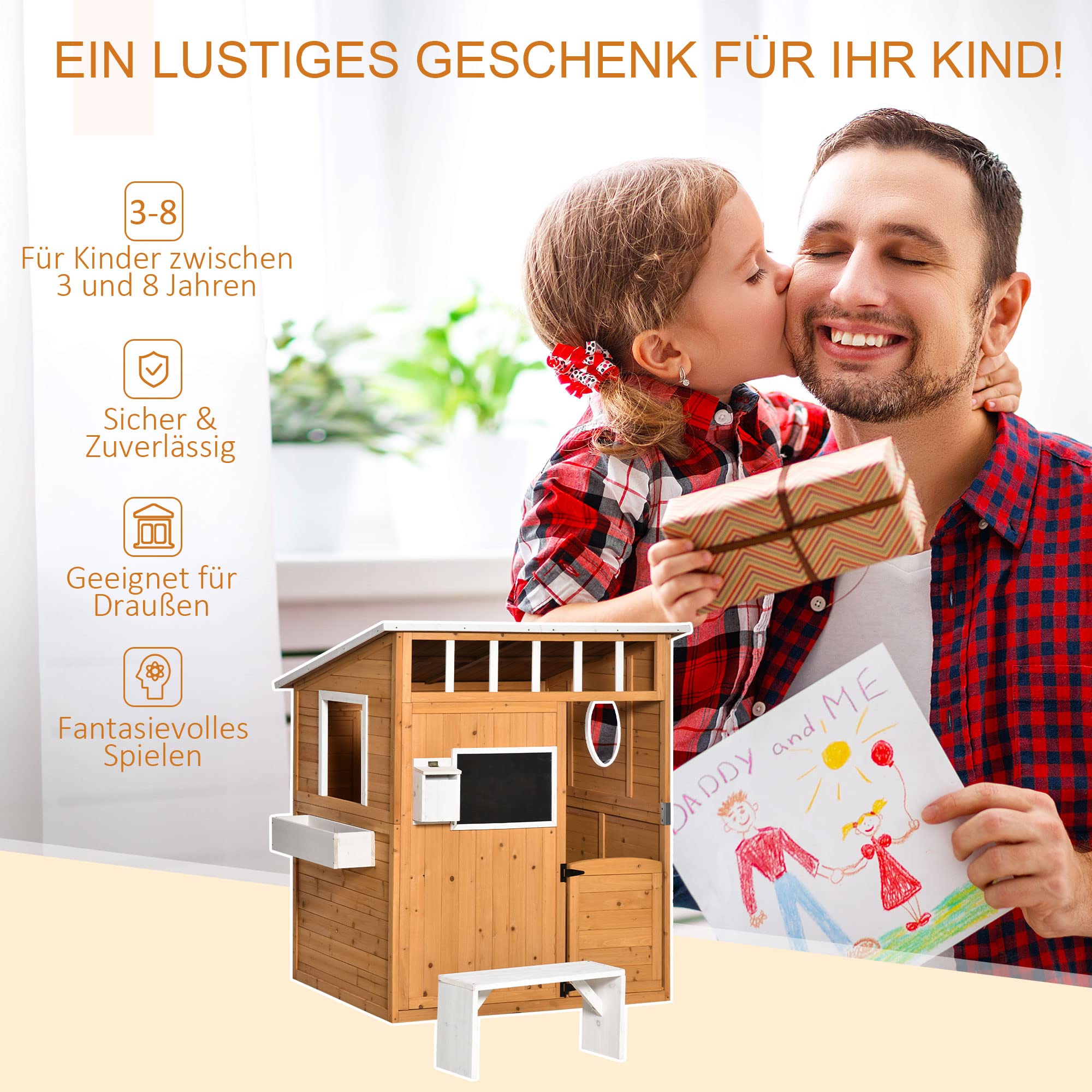 Outsunny Spielhaus Kinderspielhaus aus Holz mit Tür Fenster Briefkasten Blumentopfrack Gartenhaus für Kinder 3-8 Jahre Outdoor Indoor