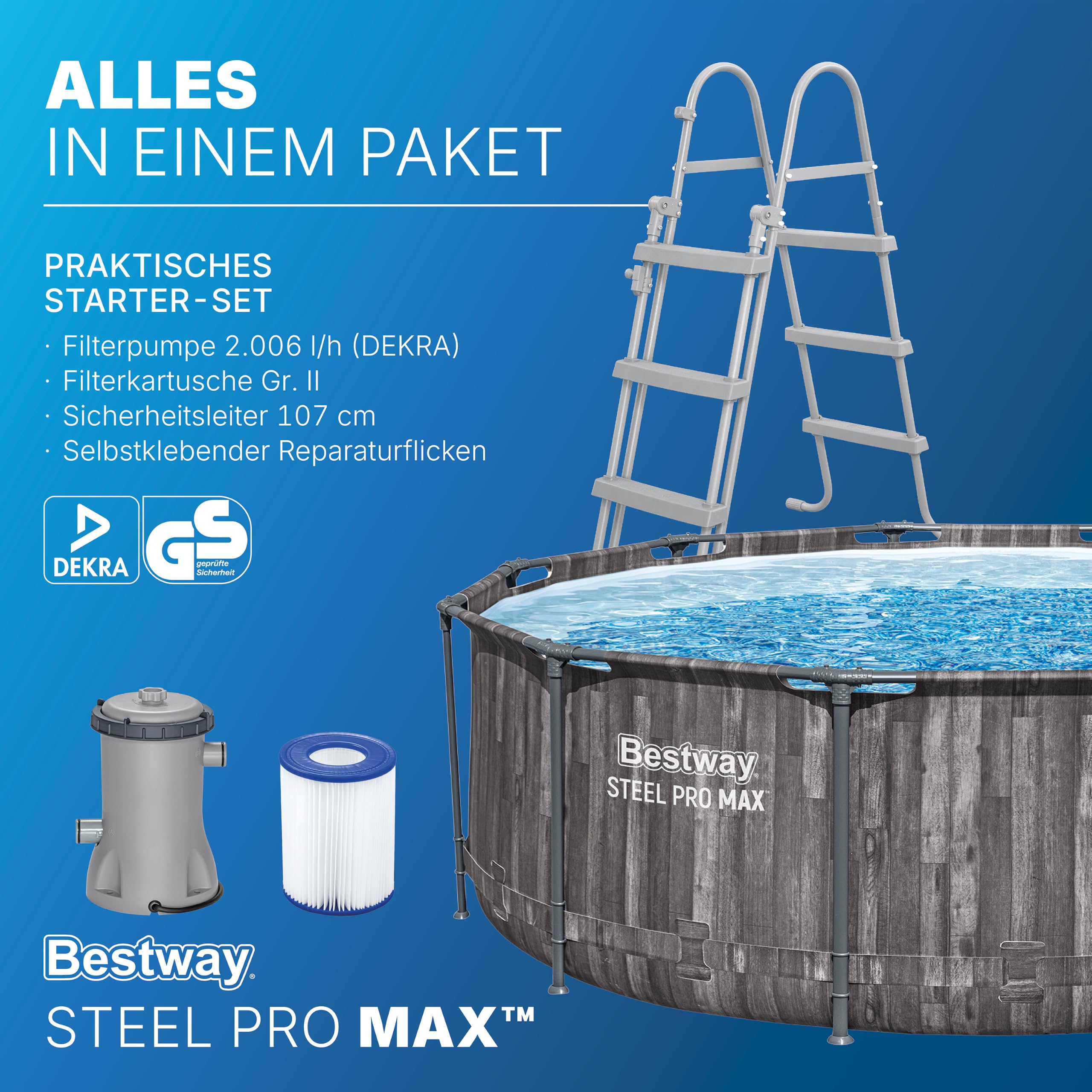 Bestway Aufstellpool rund 366x100 cm Set mit Filterpumpe Holz-Optik 9150 L TriTech-Material