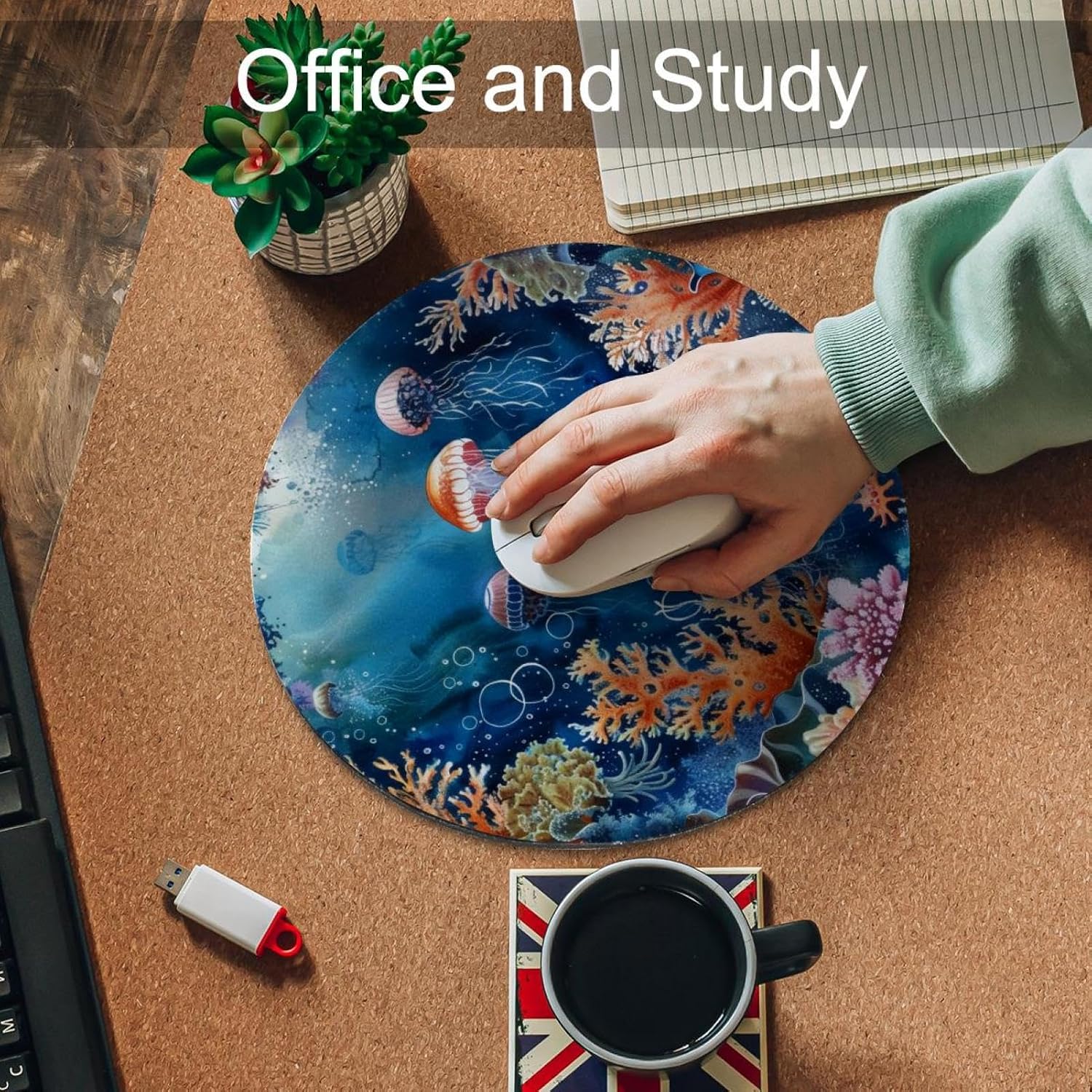 Round Mouse Pad for Women Men, 10’’ Round Desk Pad Mousepad Non-Slip Rubber Base, Office Home Laptop Accessories, Marine Life Fish Jellyfish Coral Pattern image 5