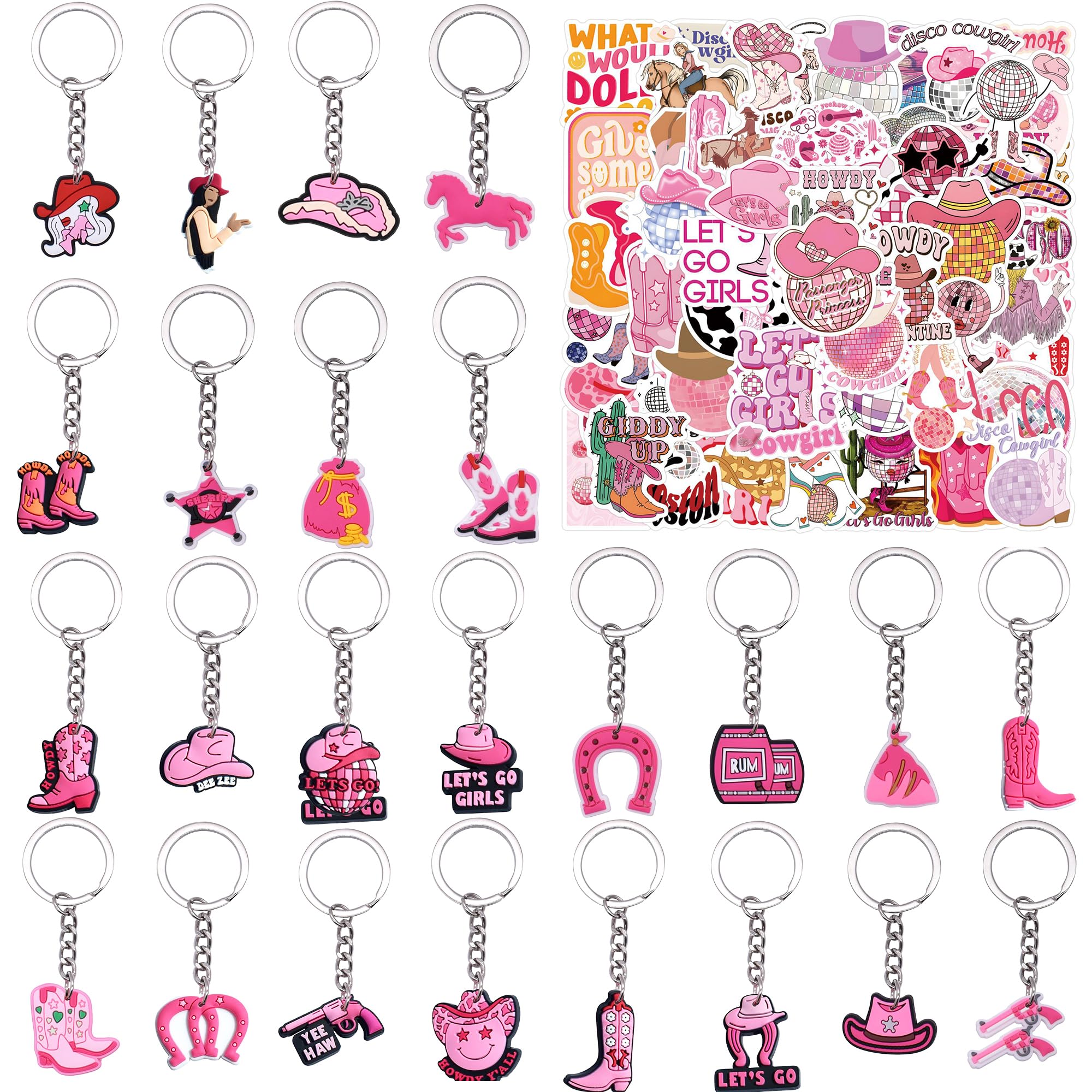 Planiflex 79PCS Pink Cowgirl Birthday Party Decorations, 24 Pcs Cowgirl Keychains and 55 Pcs Stickers for Disco Cowgirl Western Birthday Decorations