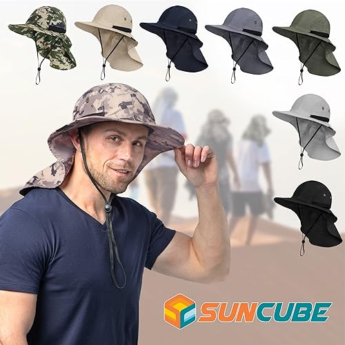 Miniatura 8 de SUN CUBE Sombrero de pesca con solapa para el cuello, sombrero de senderismo con protección solar para hombres y mujeres, gorra de safari, sombrero