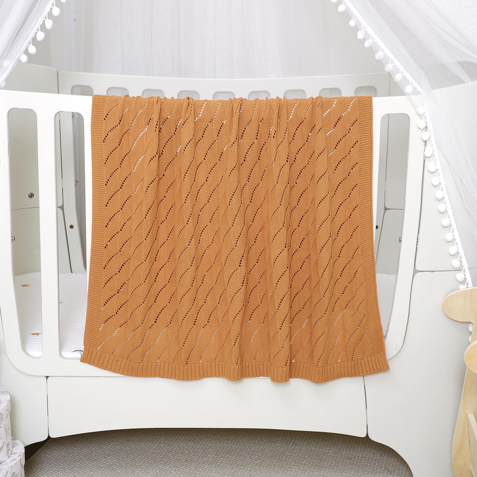 mimixiong Cotton Knit Baby Blanket Soft Crochet Cellular Blanket Baby Gifts for Newborn Boys Girls,100 x 80 cm (Coffee) - Image 2
