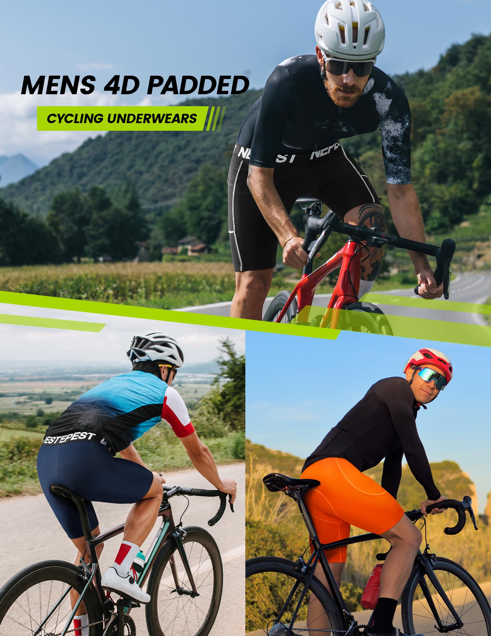 Nepest Pantaloni da ciclismo da uomo, imbottiti 4D, traspiranti, ad asciugatura rapida, a vita larga, lavabili in lavatrice