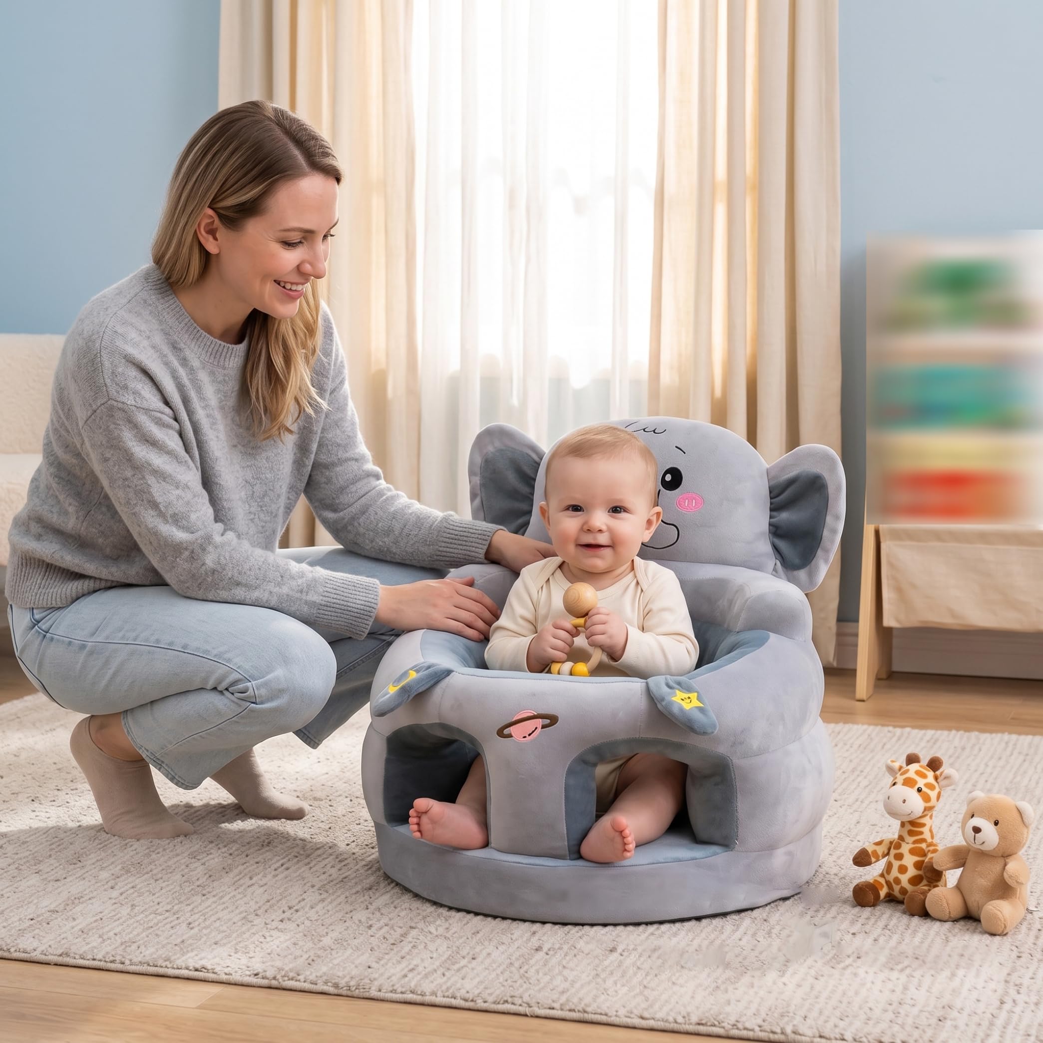 Sit Me Up Seggiolino da Terra per Neonato, Seggiolone per Baby Sit Up, Supporto Morbido, Elefante Grigio, 17, 7×15, 8 Pollici