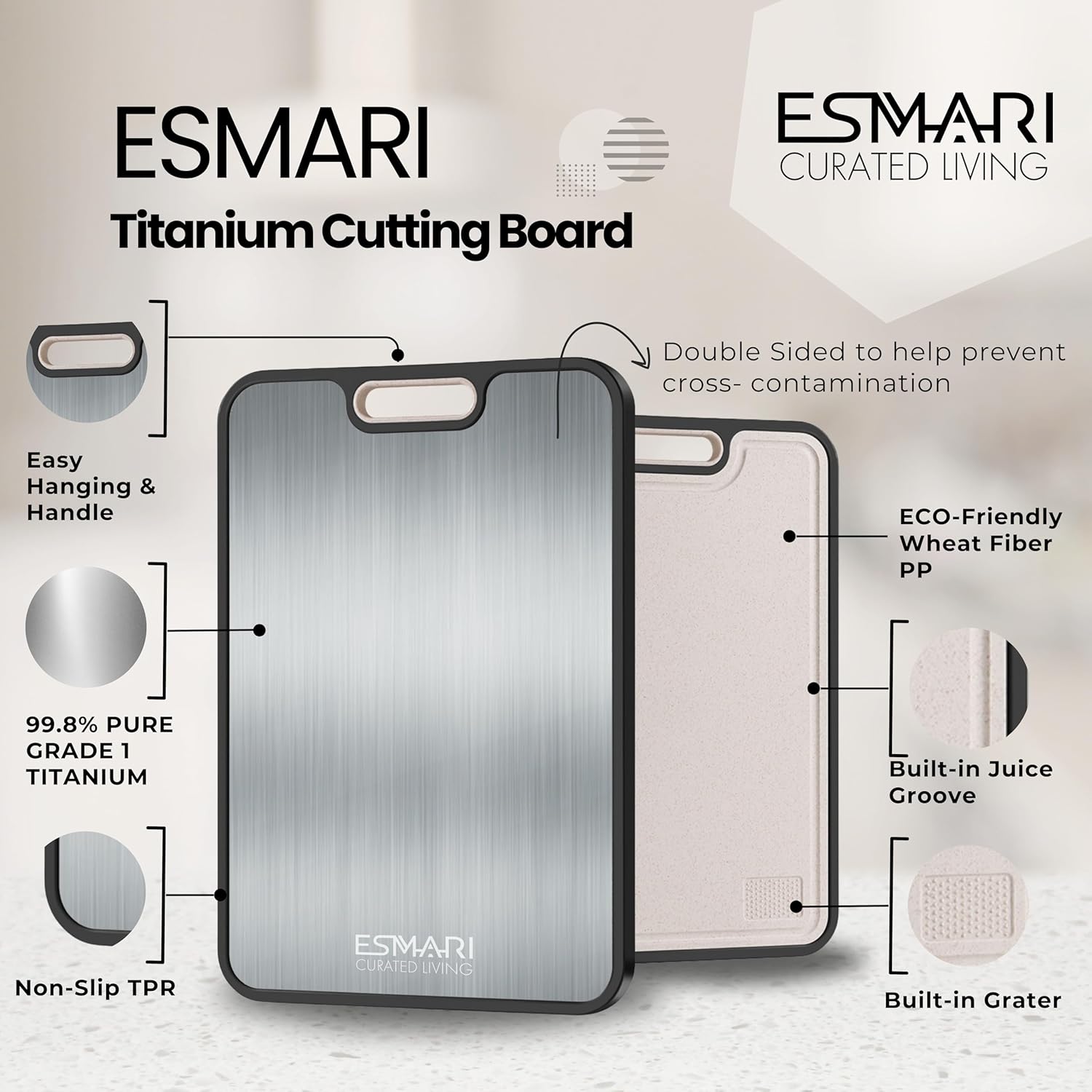 Titanium Cutting Board for Kitchen, 2-in-1 Double Sided Food Grade Pure Titanium & PP Cutting Board, Chopping Board for Meat & Vegetables, Easy Clean, Large 16” × 11”