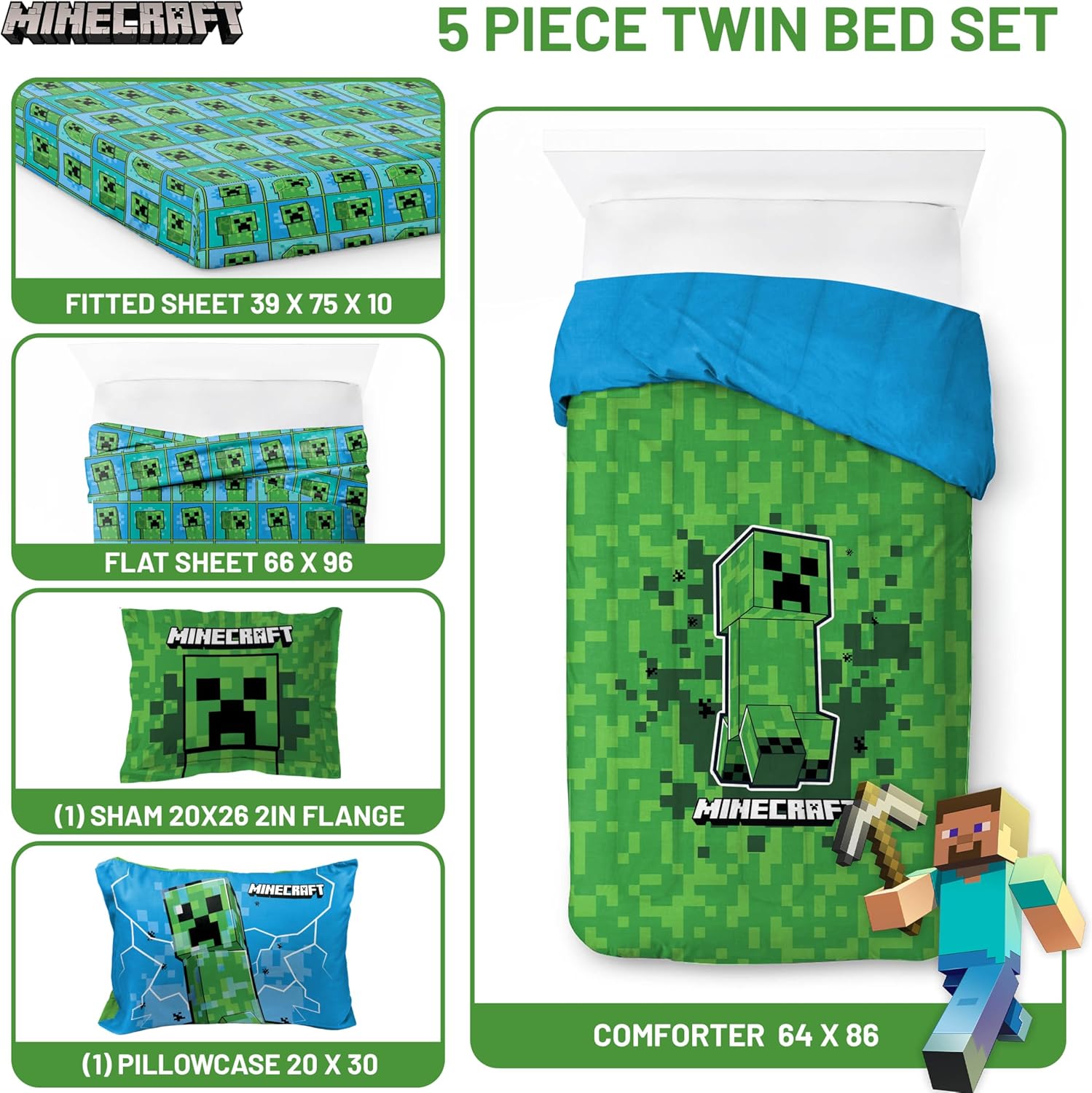 Jay Franco Kids Comforter Set Includes Sheets and Pillow Covers - Soft and Cozy Bed Set for Stylish Room Decor, Green - Minecraft Creeper, 5 Piece Twin Size Bedding