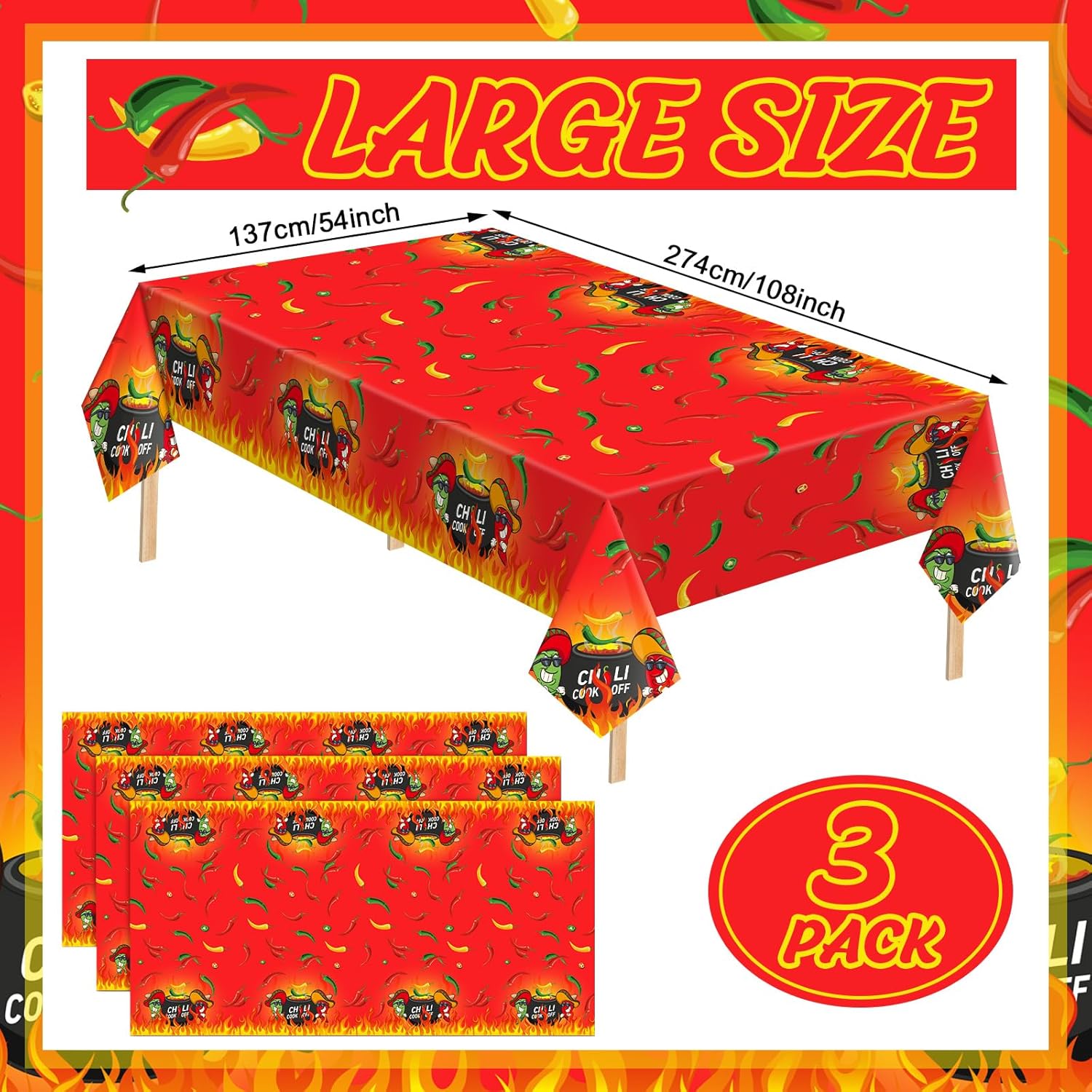 Oudain 3 Pcs Plastic Chili Cook Off Tablecloths, Chili Pepper Party Favor Supplies, Disposable Cinco De Mayo Pepper Hot Flame Table Cover for Mexican Theme Cooking Party Decor, 108 x 54 Inch - Image 3
