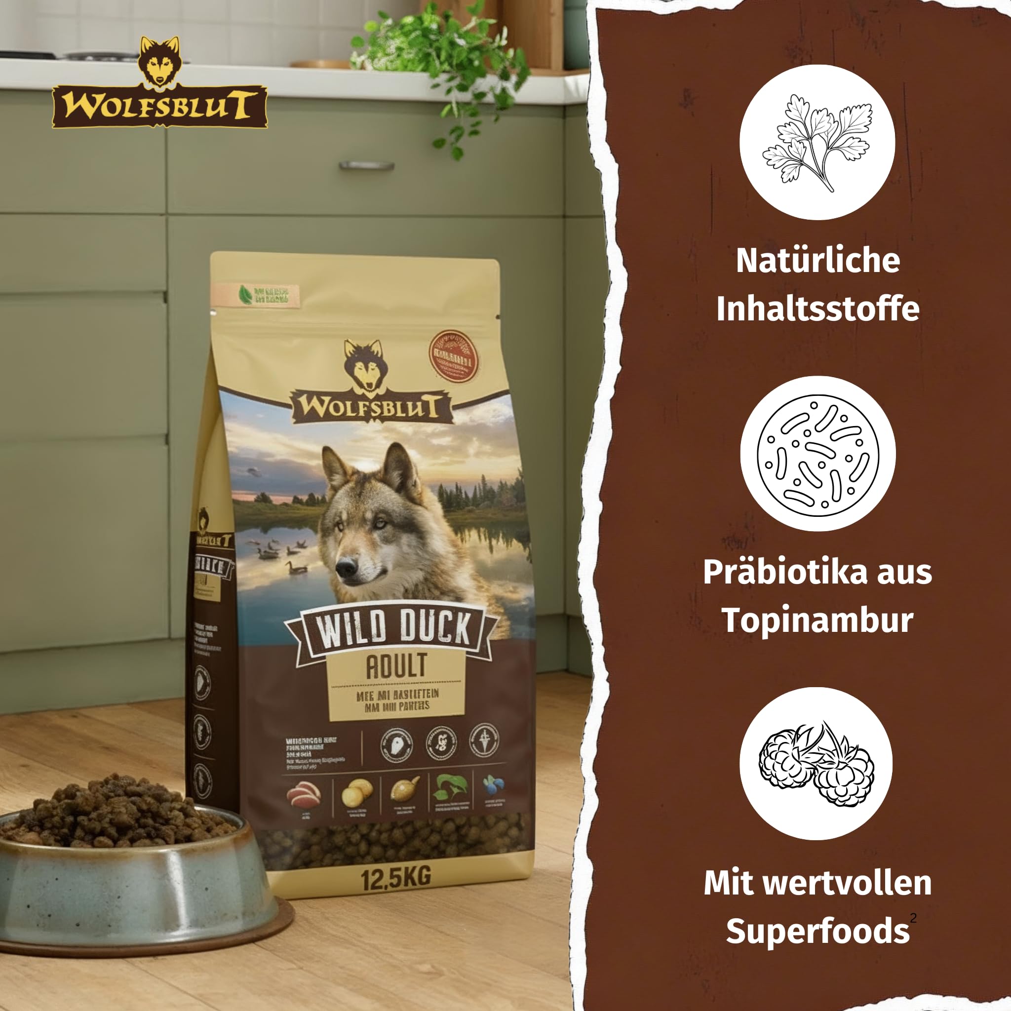 WOLFSBLUT – Wild Duck Adult | Trockenfutter mit natürlichen Zutaten und Superfoods für ausgewachsene Hunde. Getreidefreies Alleinfutter ohne Zusatzstoffe im Beutel | 12,5kg Ente