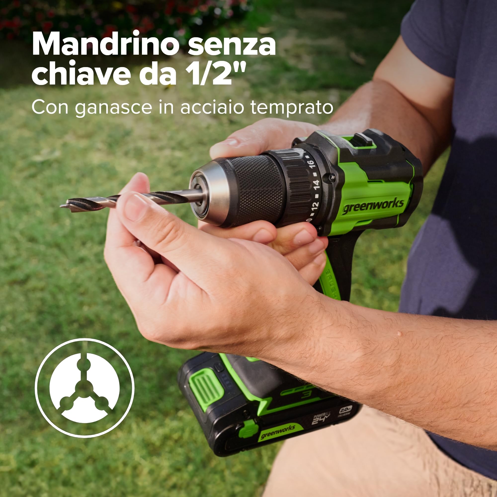 Greenworks 24V Cordless Brushless 45Nm Trapani a percussione, leggero, luce di lavoro a LED, frizione 18 + 1 senza USB-C batteria e caricabatteria