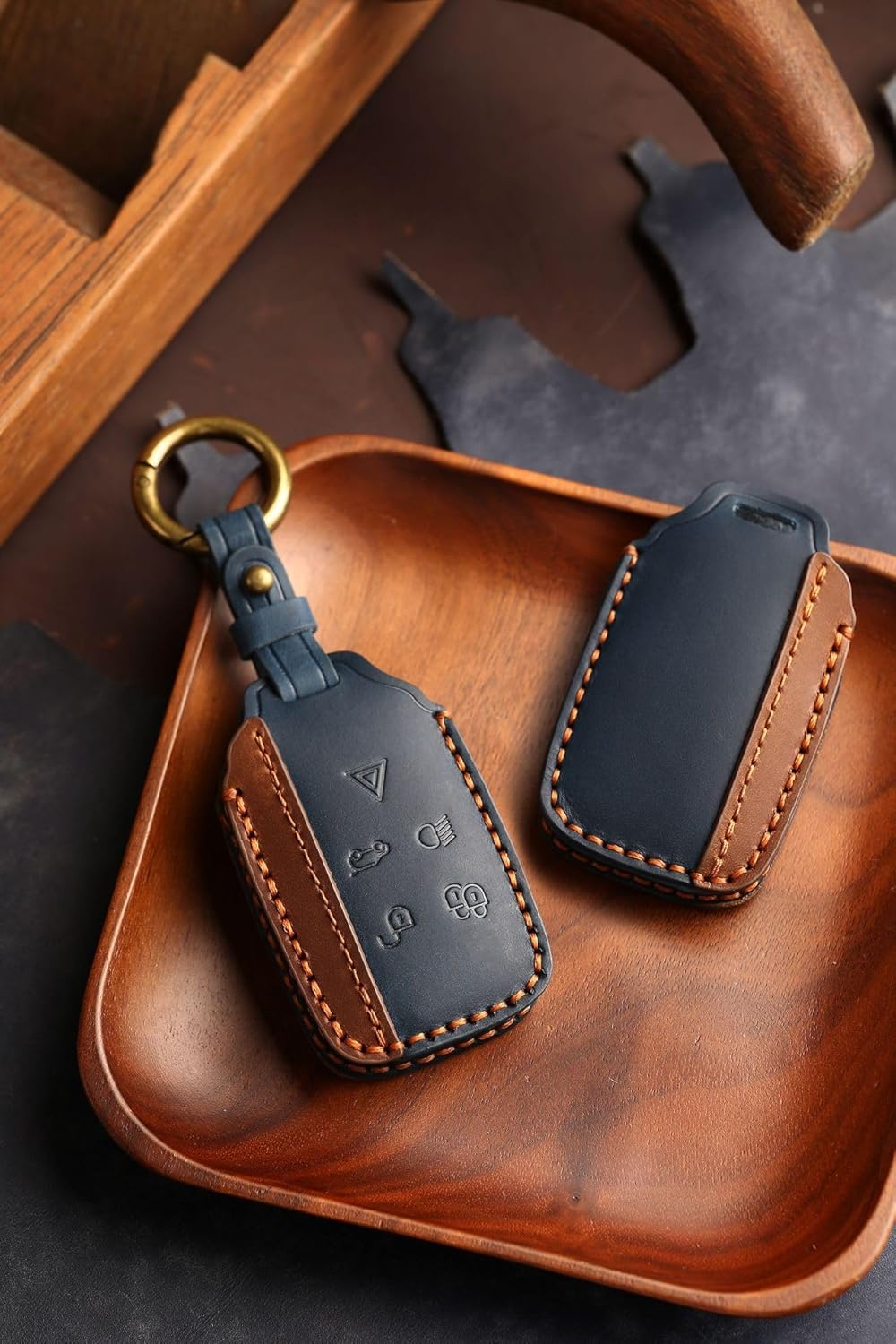 ontto Handmade Leather Key Cover Fit for Jaguar XJ XF XE XEL XFL F-Type F-Pace,Two-Tone Patchwork Leather Key Fob Holder Fit for Range Rover Sport Evoque Velar,Car Key Skin with Keychain,Brown-Blue