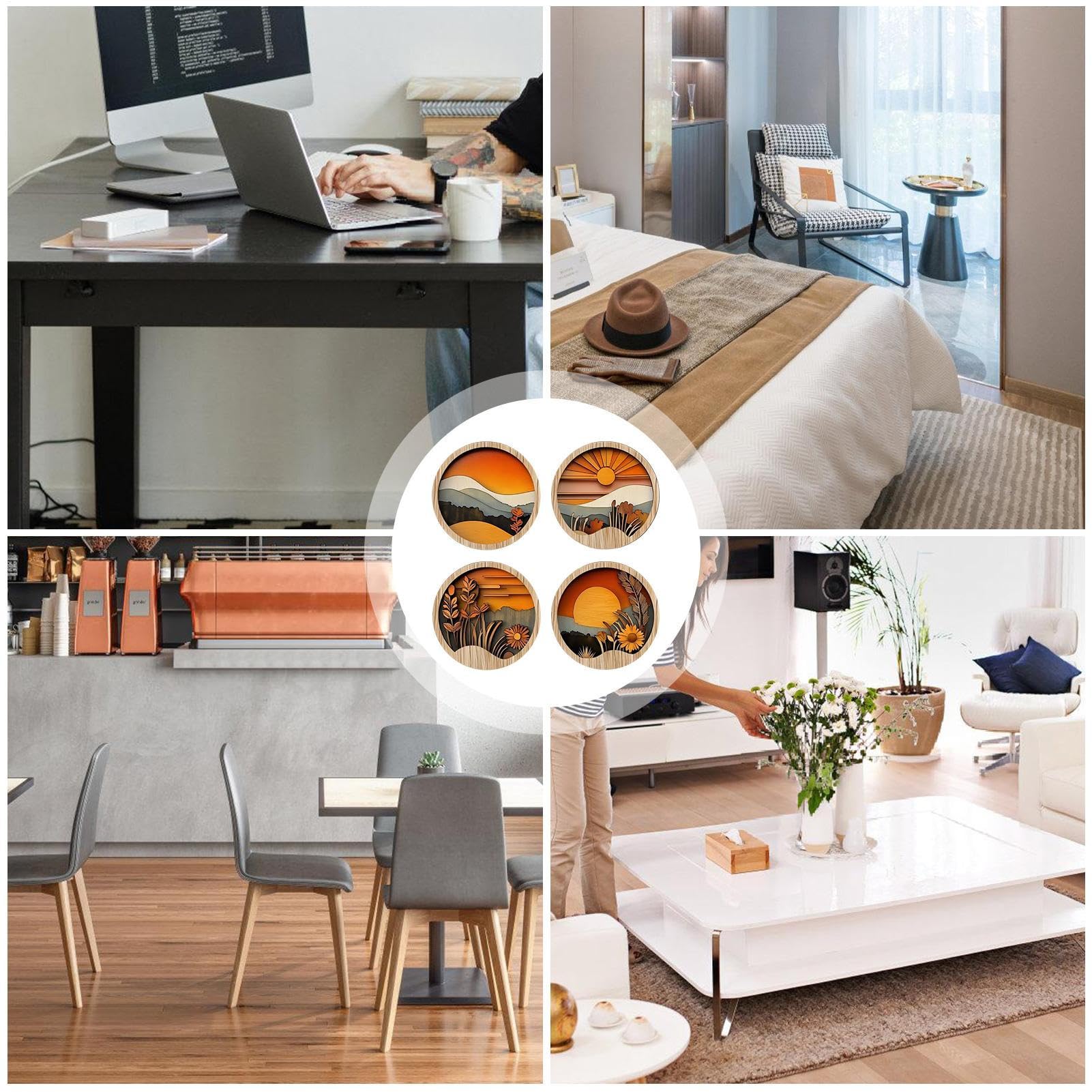 Arte da parete Boemia per soggiorno, decorazione da parete in stile bohemien, per camera da letto, 4 quadri rotondi geometrici in legno rustico, per appartamento, casa di campagna, ingresso
