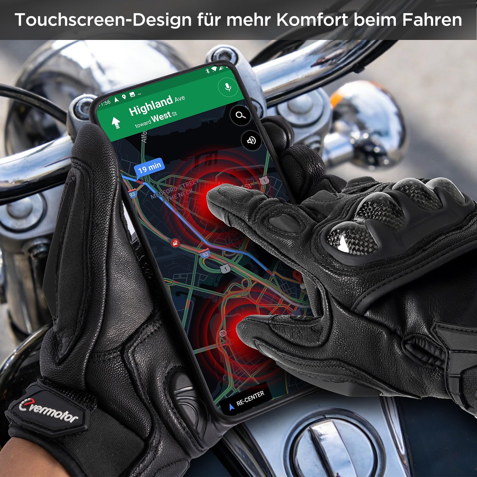 evermotor Motorradhandschuhe aus Ziegenleder für Herren und Damen - Winter Leder Motorrad Handschuhe mit Touchscreen-Funktion und Carbon-Knöchelschutz, ideal für Moped MTB Radfahren Straßenrennen