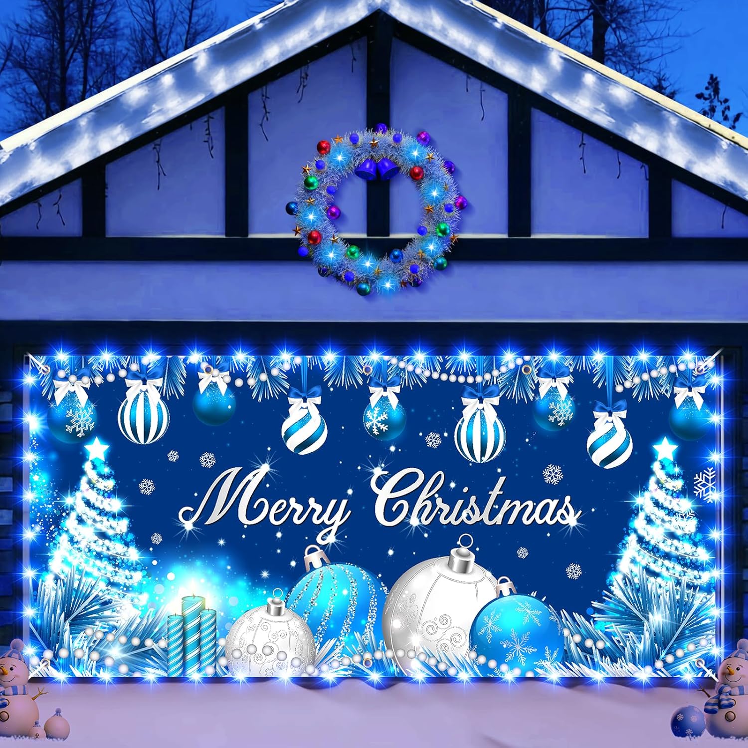 Blue Christmas Ball Garage Door Cover Banner with LED Light - Large Merry Christmas Decor for Indoor/Outdoor Use - 6 x 13 ft