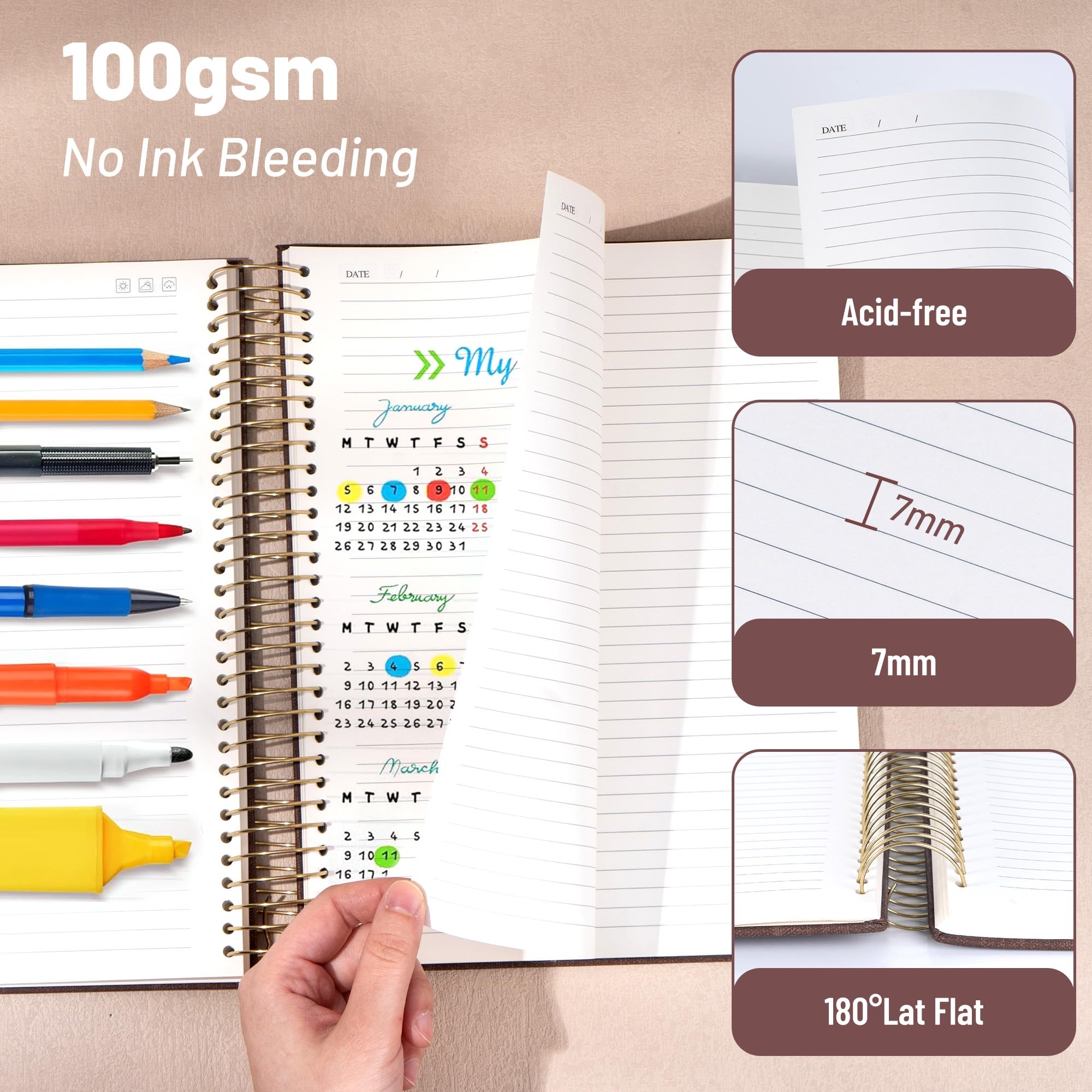 CAGIE Cuaderno de espiral de 8.5 x 11 pulgadas, 320 páginas de cuero A4, cuaderno grande de 100 g/m², rayado universitario, cuaderno grueso de tapa dura con calcomanías para hombres y mujeres, diario