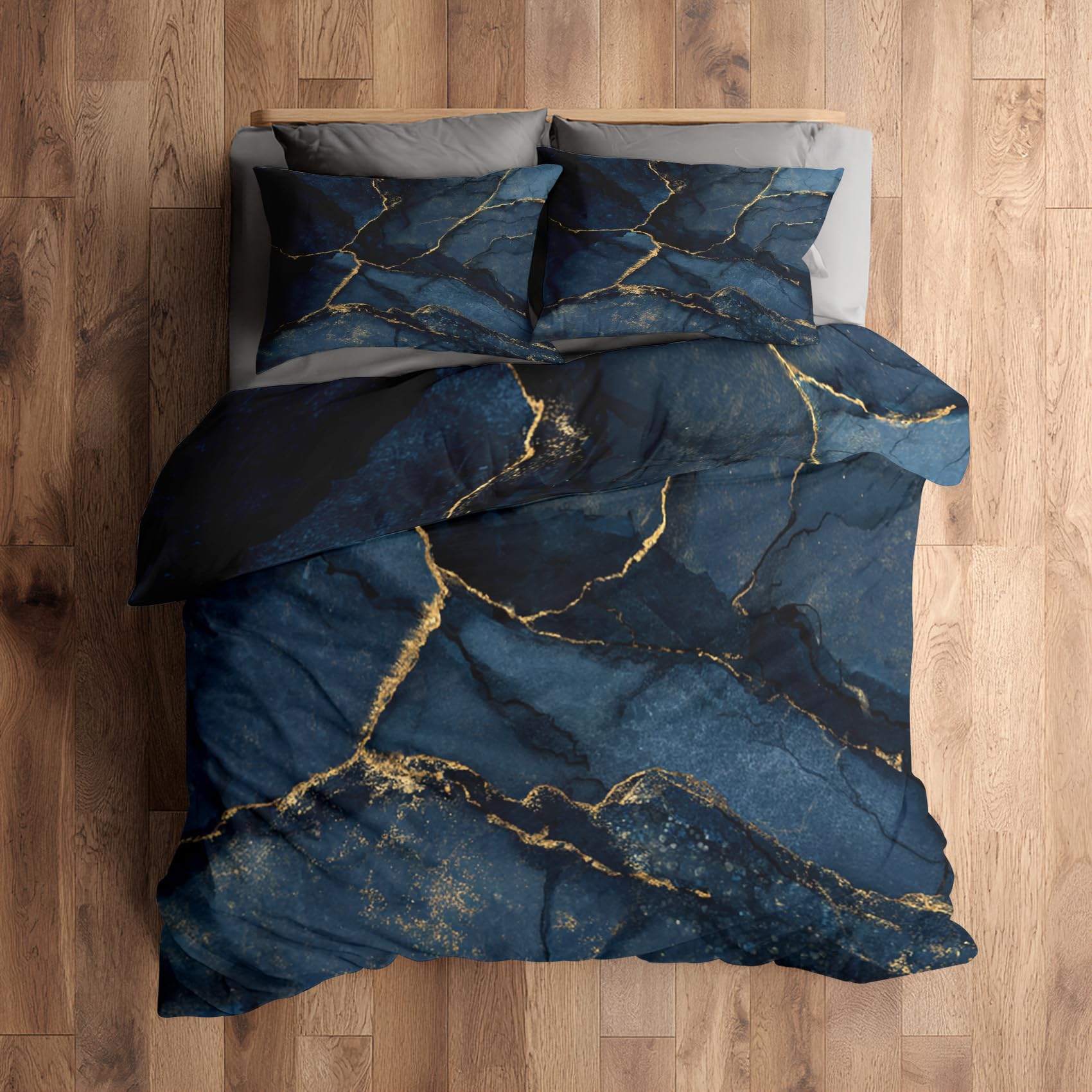 Generisch Bettwäsche 200x200, Marmor Bettbezug mit 2 Kissenbezug 80x80, 3tlg Schlafzimmer Deko, Dunkelblau Modern Abstrakt Muster Weiche Mikrofaser Deckenbezug, Reißverschluss A590C