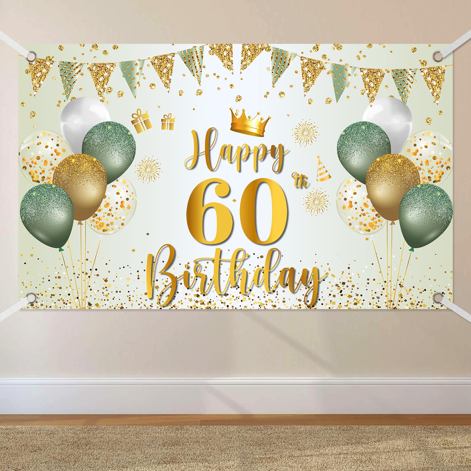 60. Geburtstag Banner, Banner 60 Geburtstag Frau Grün Gold, Extra Große 60 Hintergrund Banners, Geburtstagsbanner 60. für Frauen Männer Party Geburtstagsdeko