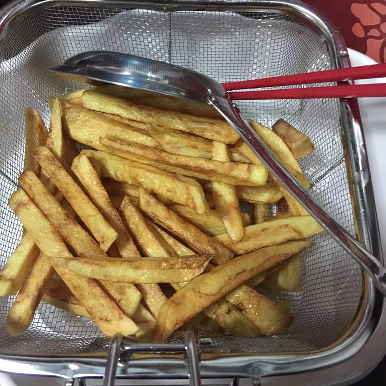 Cesta para freír, filtro de malla de acero inoxidable con asa para desnatar aceite, perfecto para alitas de pollo fritas, camarones y papas fritas