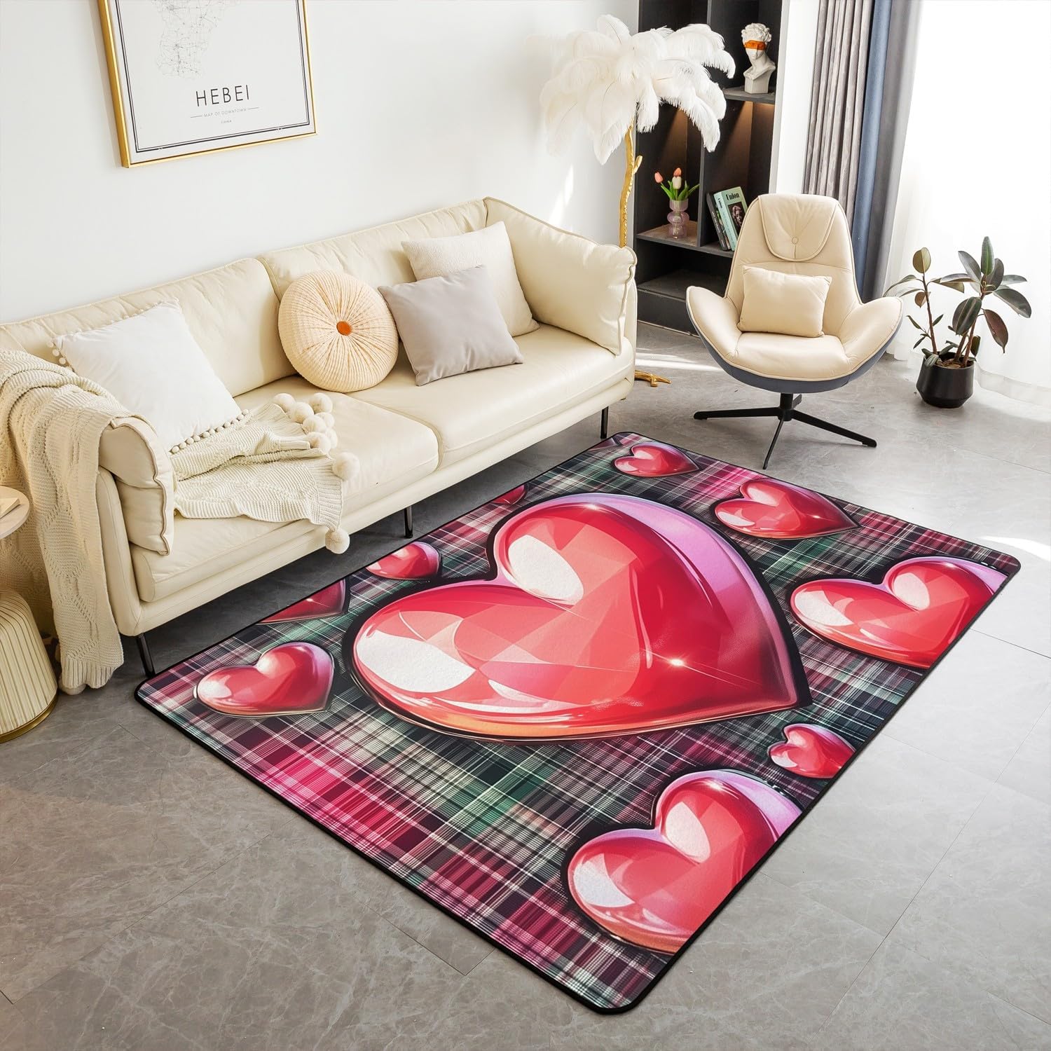 Valentine's Day Kids Area Rug,Love Heart Romantic Retro Indoor Floor Mat Entrance Rug,Geometric Checkered Grids Patchwork Non Slip Rug,Red Chairs Couch Living Room Decor,3'x5'