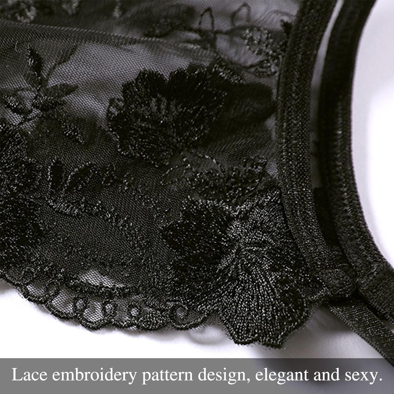 ROSVAJFY3 Pieces Lace Garter Belt Thong Stockings Set Women Sexy Sheer Mesh Suspender Lingerie+4 Metal Clips for Thigh Highs - Image 6