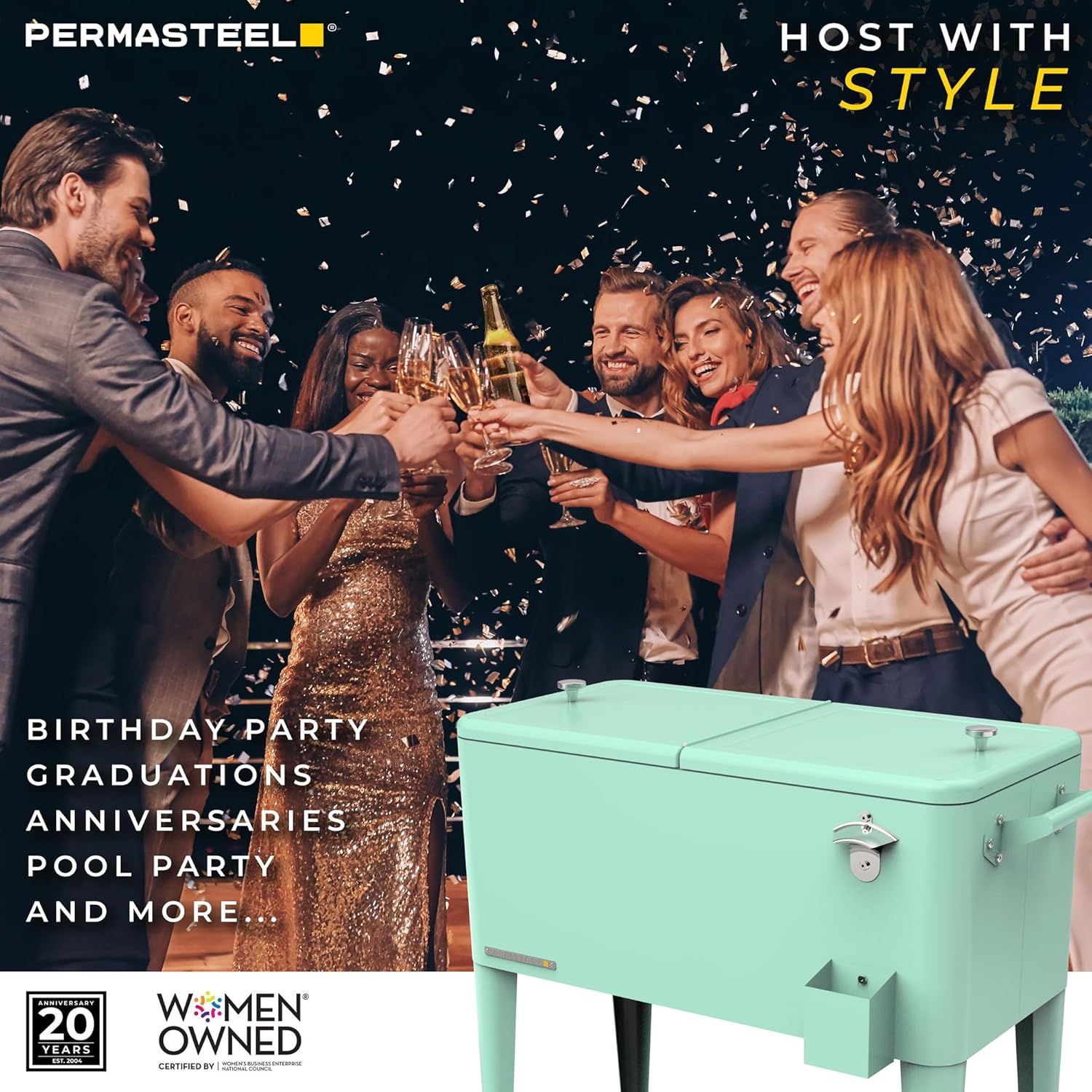 Permasteel Party Cooler with Divider, Spacious 80-Qt Capacity, Chills 36hrs, Serving Tray, Rolling Ice Chest for Indoor and Outdoor Entertainment