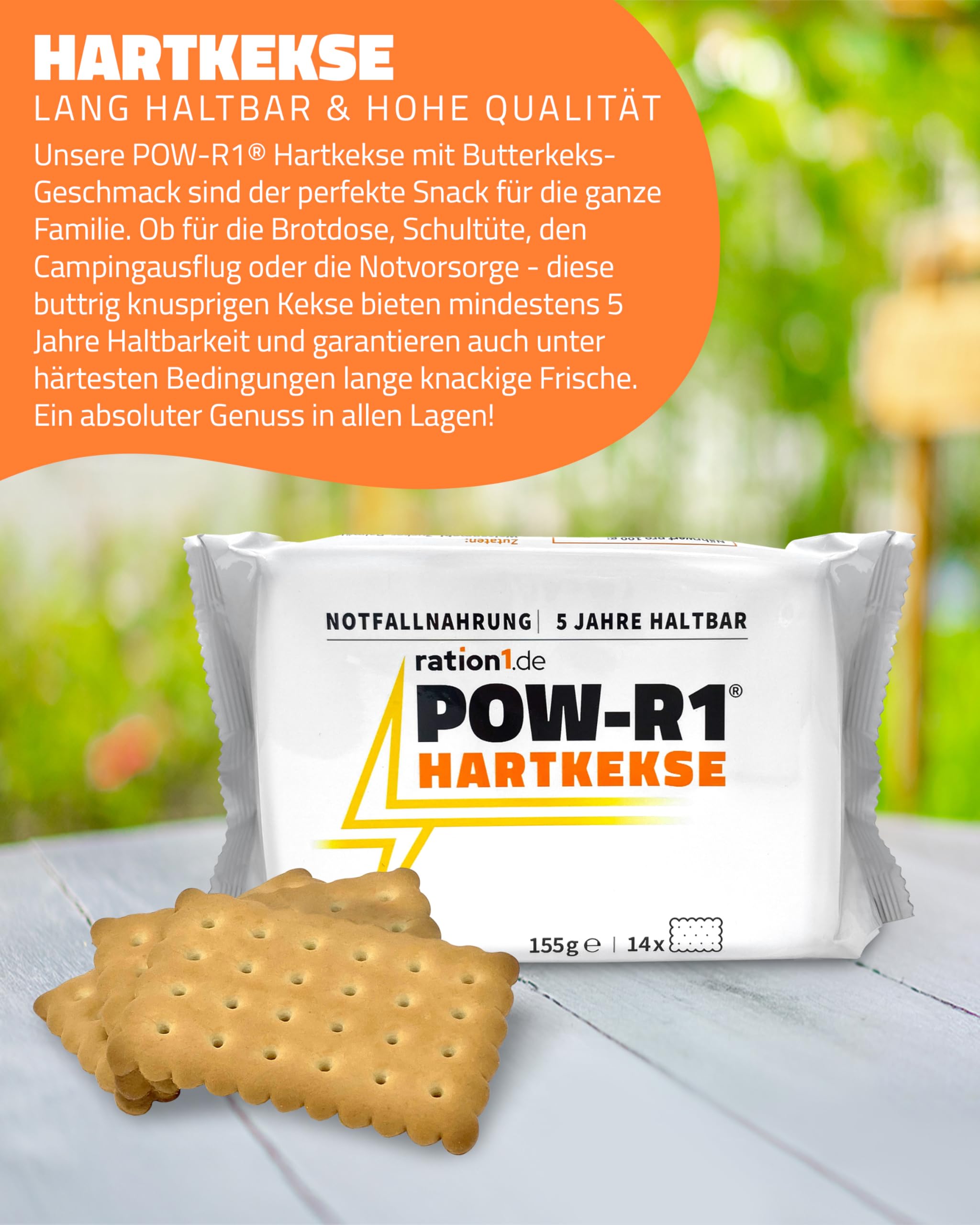 ration1 POW-R1 Hartkekse, 60er Pack, 60 x 155g, Butterkeks Geschmack | Abgepackte Kekse, 14 Plätzchen je Packung, Panzerkekse, Butterkeks-Geschmack, für Outdoor, Camping, Festival und Notfall