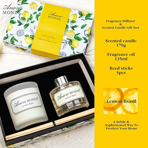 Miniatura 2 de Juego de difusor de varillas y velas perfumadas, varillas difusoras de aceite de albahaca y limón, difusor de fragancia y velas de cera de soja en