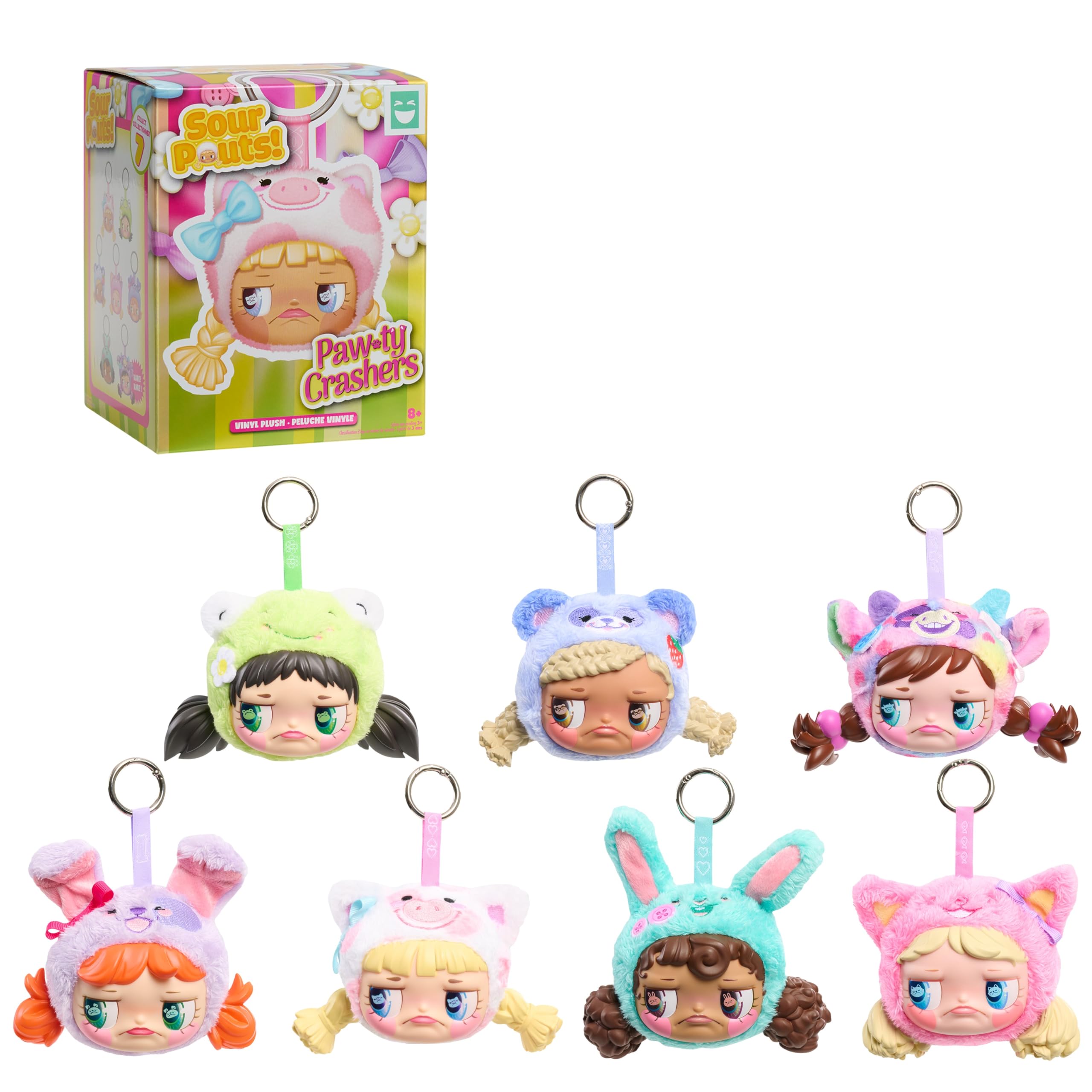 Happy Haul Sour Pouts Paw-ty Crashers Vinyl Plush Clip-Ons, Vinyl-Faced Plush Clip-On Blind Box Collectible Toy, Short-Run Drop, 8 cm Stuffed Toy, Ages 8 and up