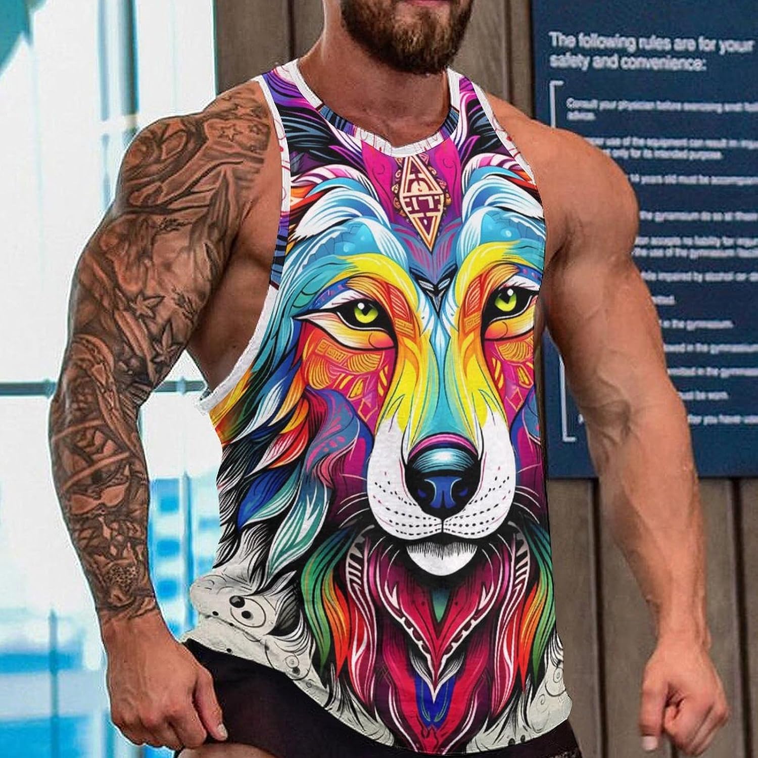 MARSVOVO Camo Tank Top for Men 2024 Trendy Wolf Print Sleeveless Crewneck Vintage Summer Religion Totem Graphic Gym Vest