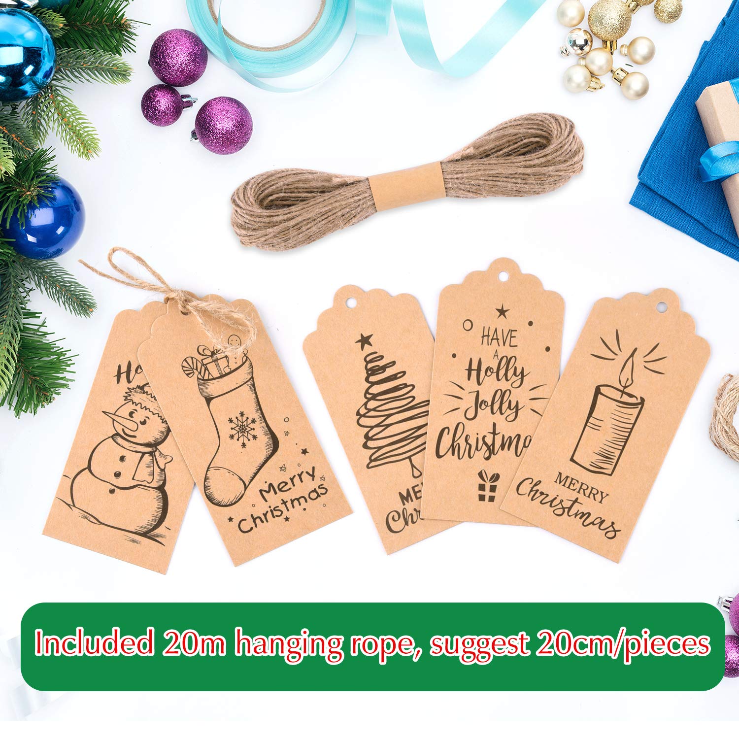 120 étiquettes Cadeaux De Noël - 12 Styles, Papier Kraft, Avec Corde - Pour Emballage, Décoration