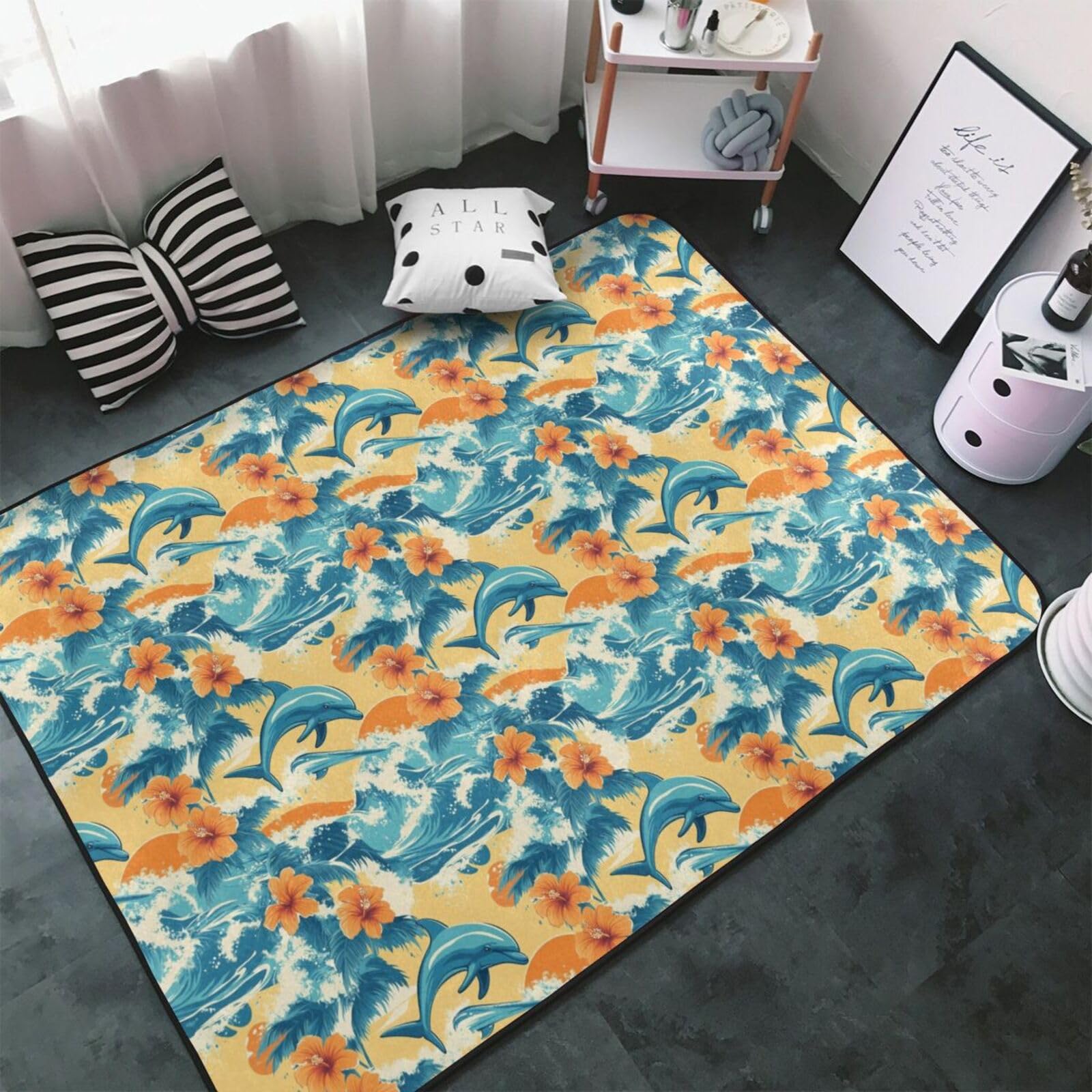 Tapis salon dauphin hawaïen doux tapis intérieur lavable 152x99cm